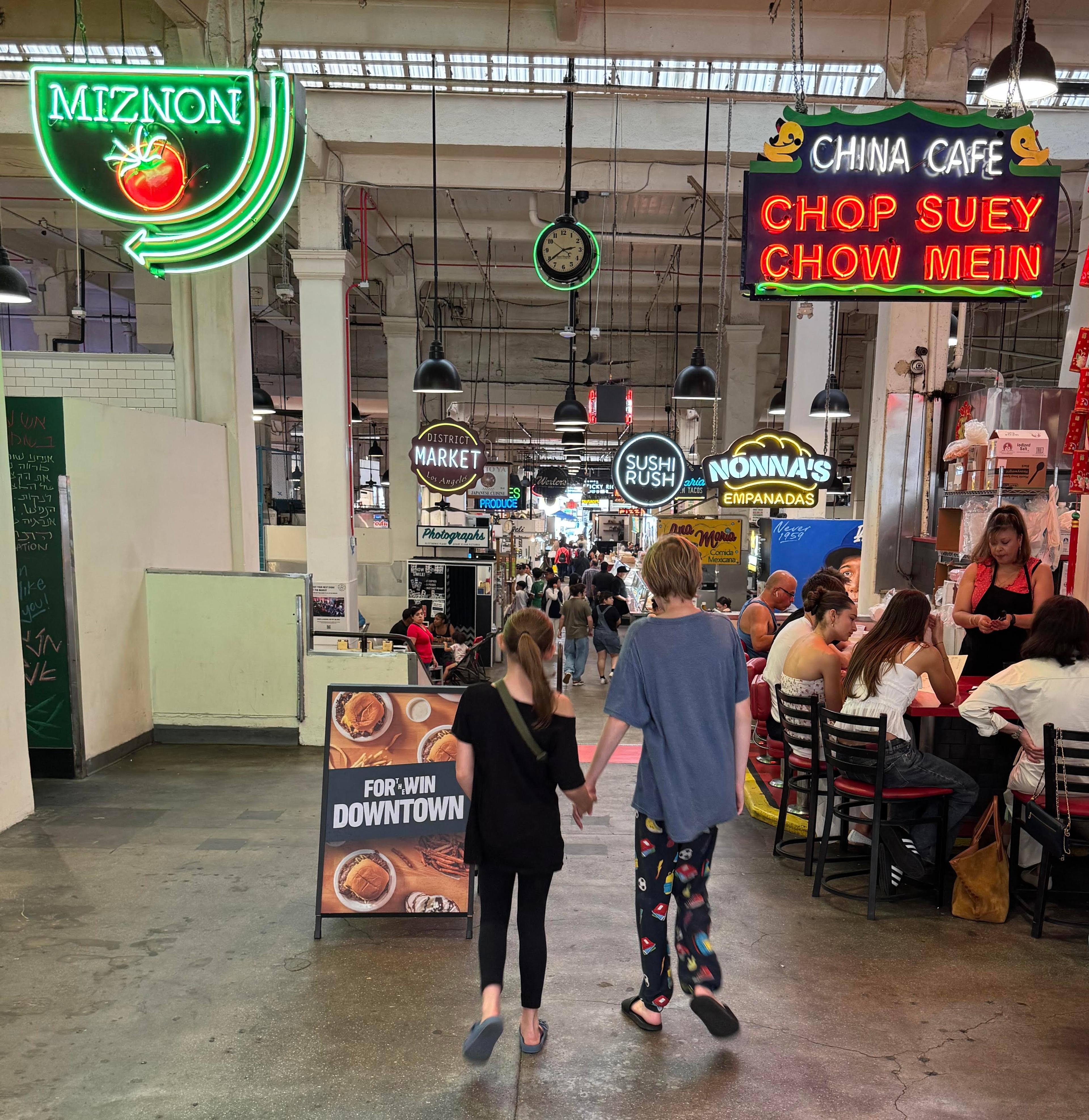 kids strolling food market in Little Tokyo, Los Angeles