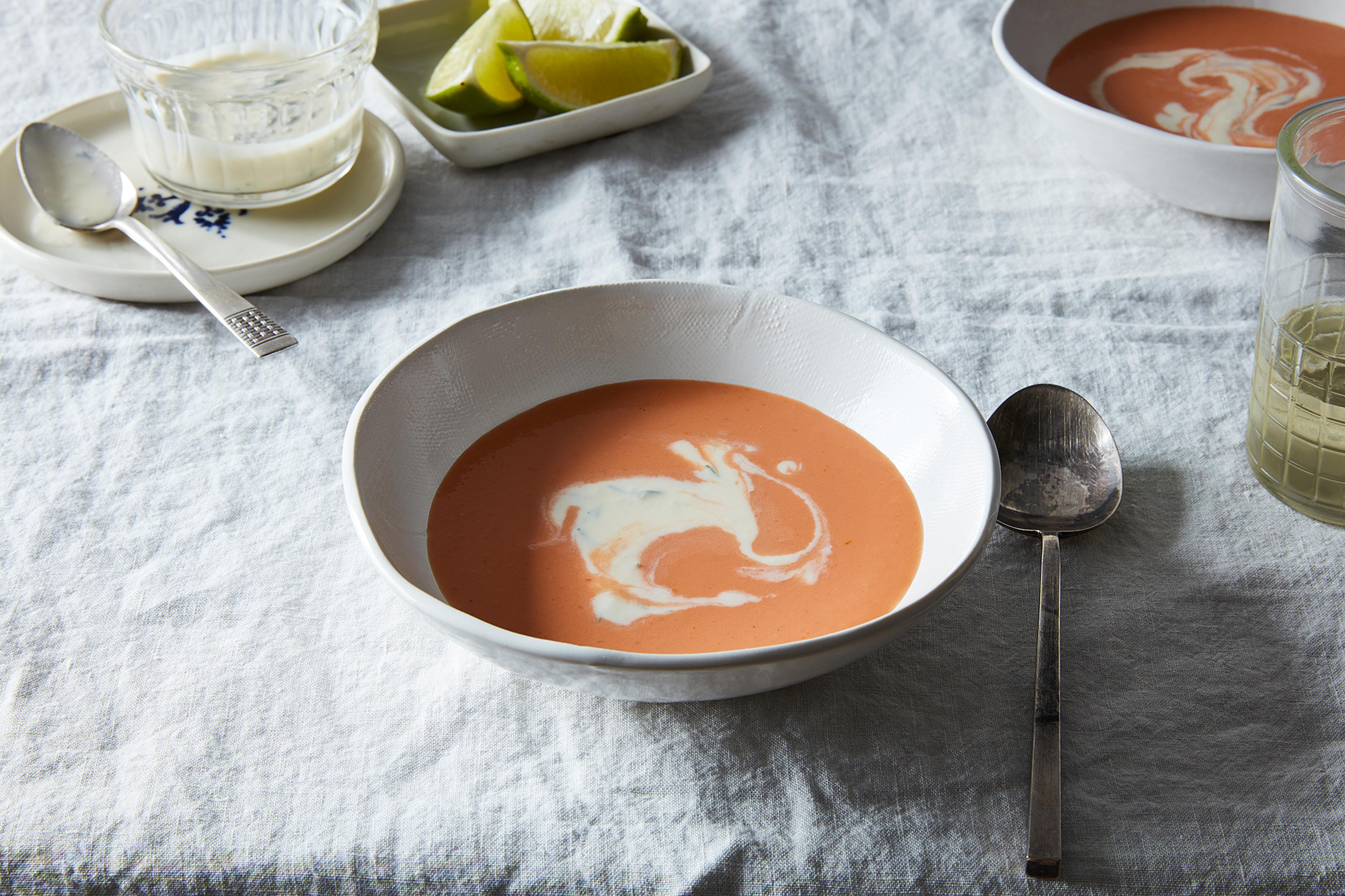 chilled tomato soup in bowl