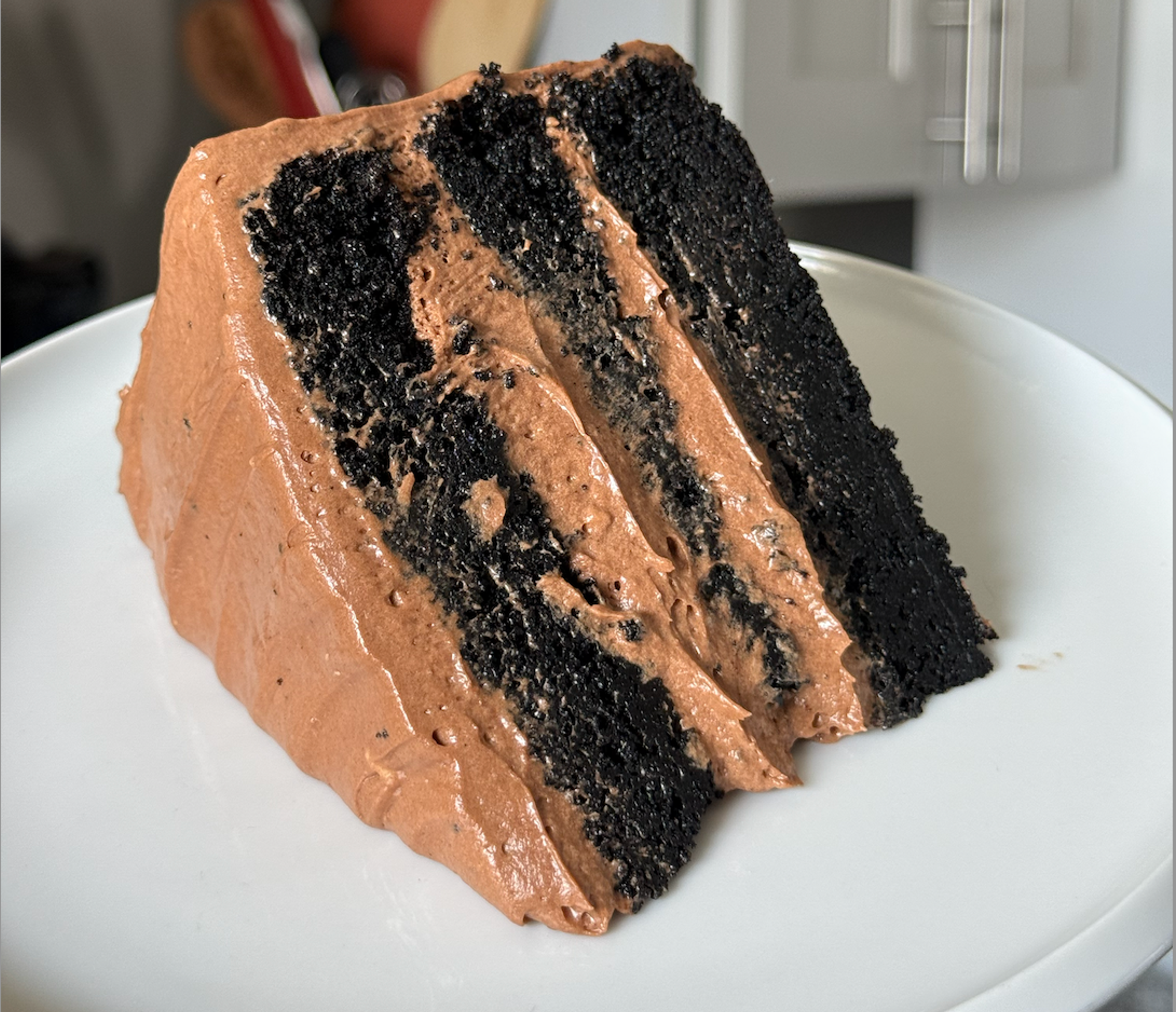 Chocolate cake with chocolate cream cheese frosting layered between on a white plate.