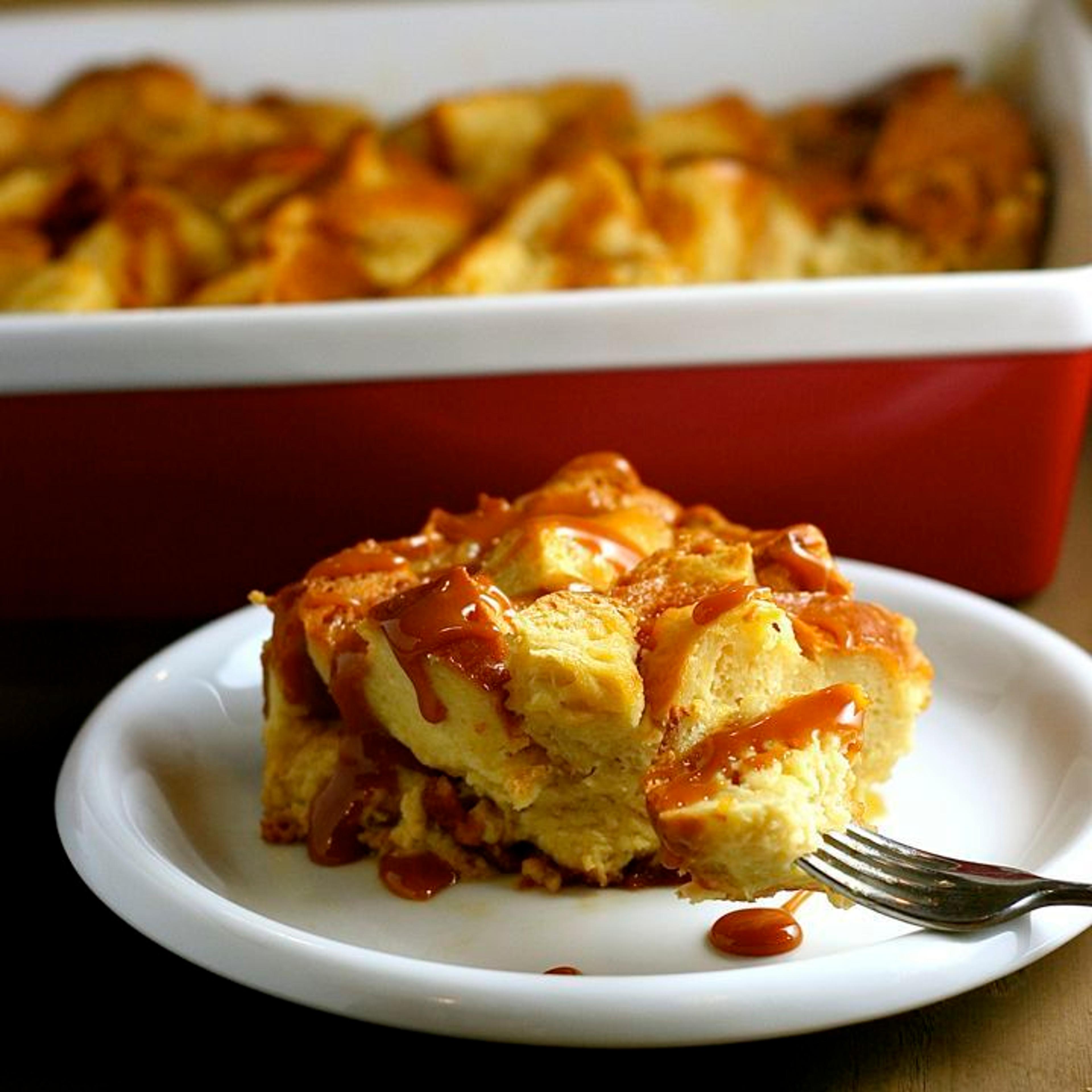 Plated finished dish of bread pudding.