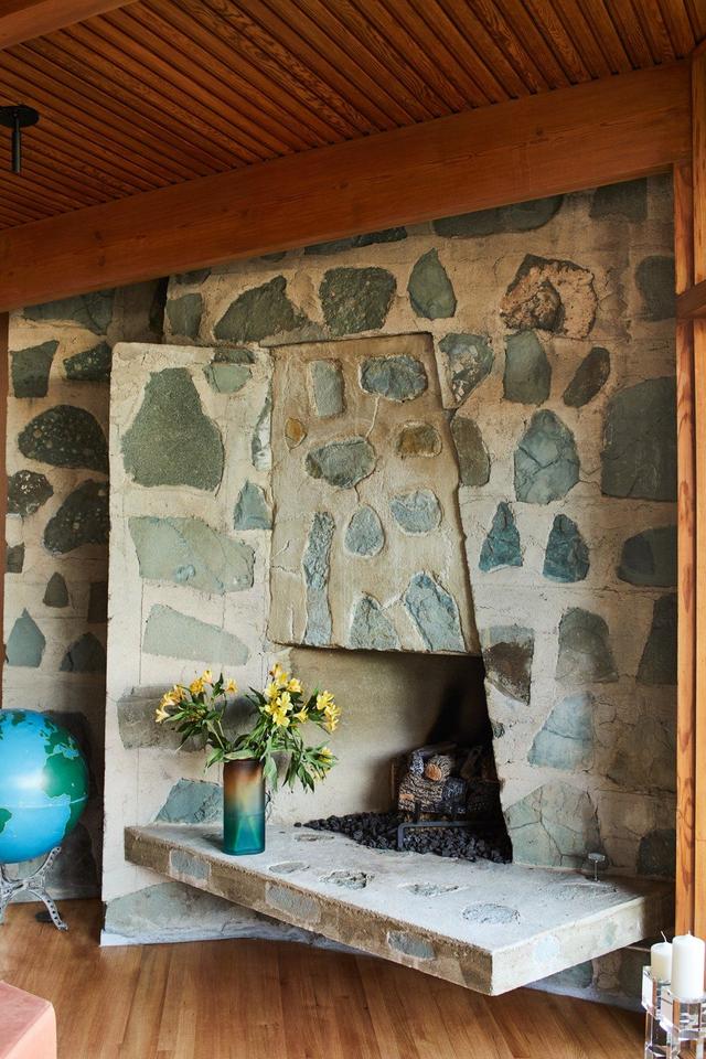 greenish stone fire place