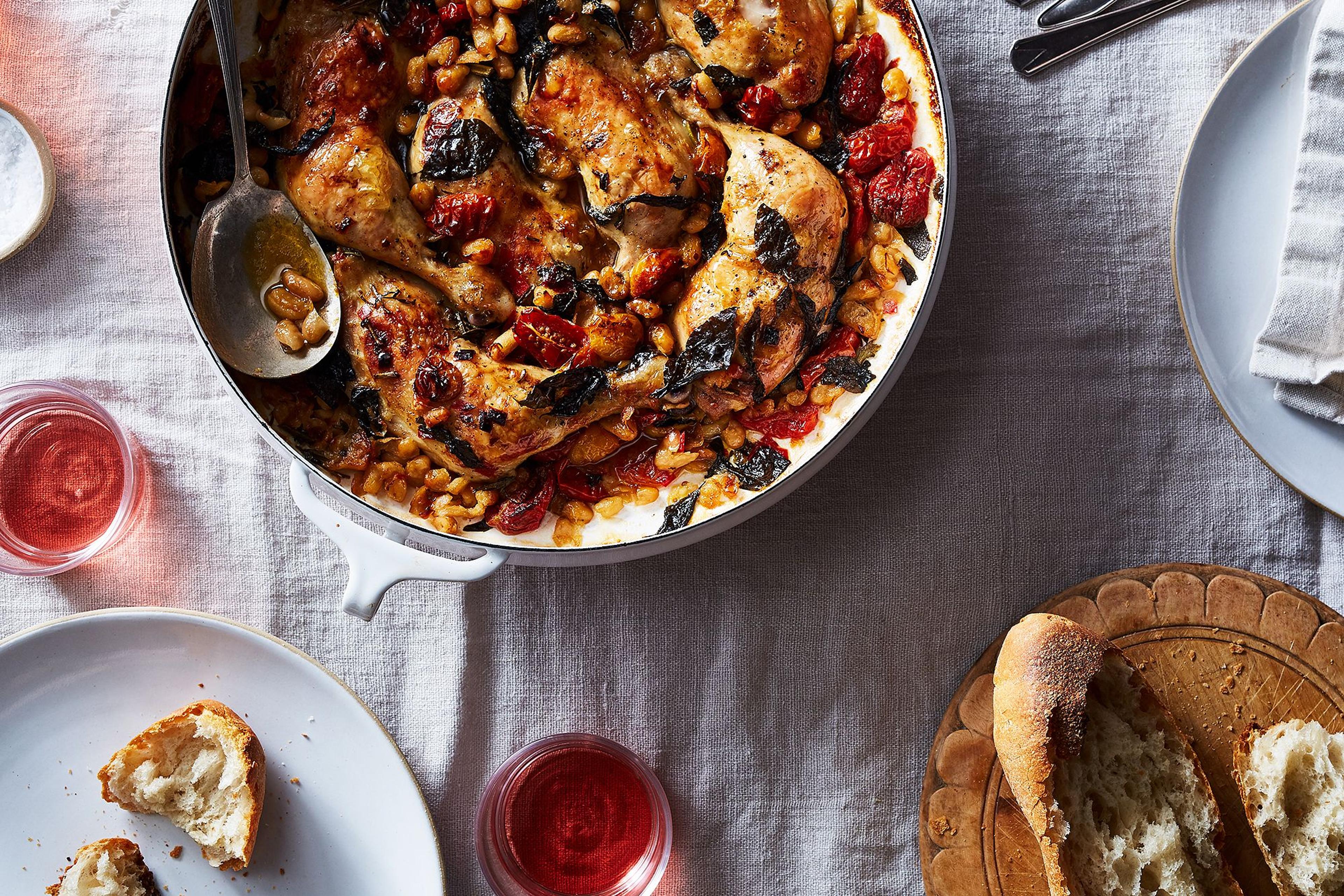 one-pot chicken stew on table with bowls 