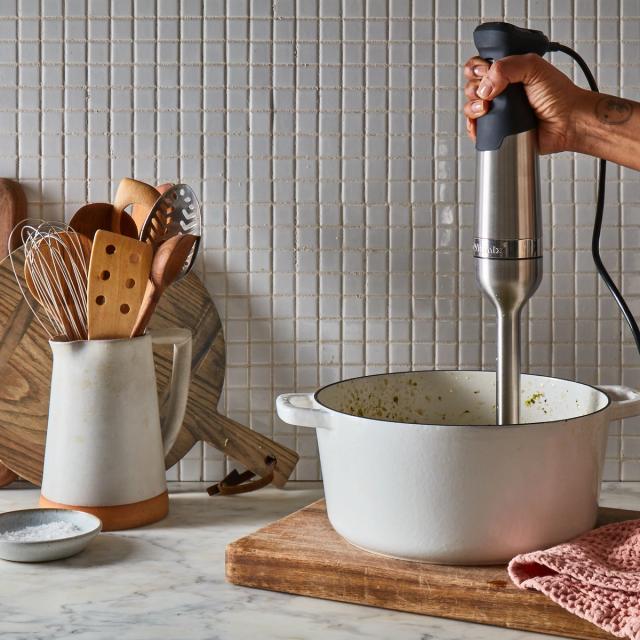 immersion blender mixing in bowl