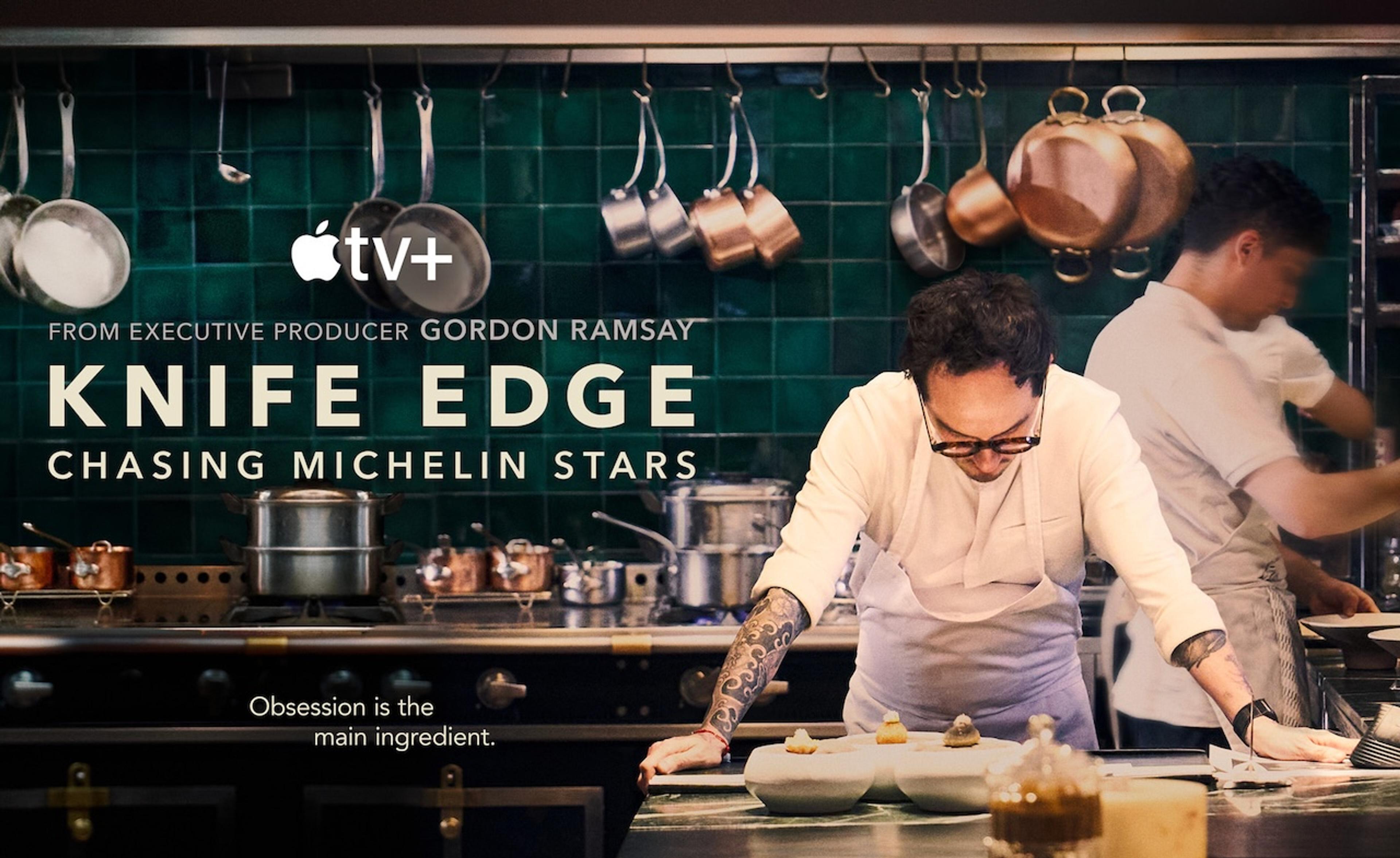 flyer for Apple TV docuseries, Knife Edge, showcasing a chef behind the counter and reviews