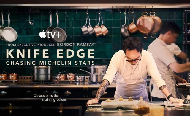 flyer for Apple TV docuseries, Knife Edge, showcasing a chef behind the counter and reviews