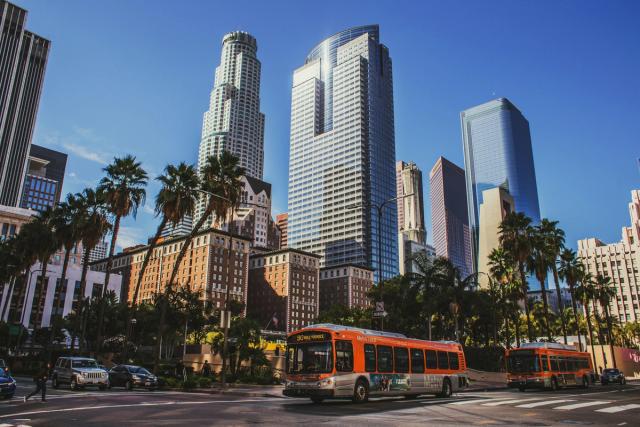 Downtown Los Angeles with bus going by