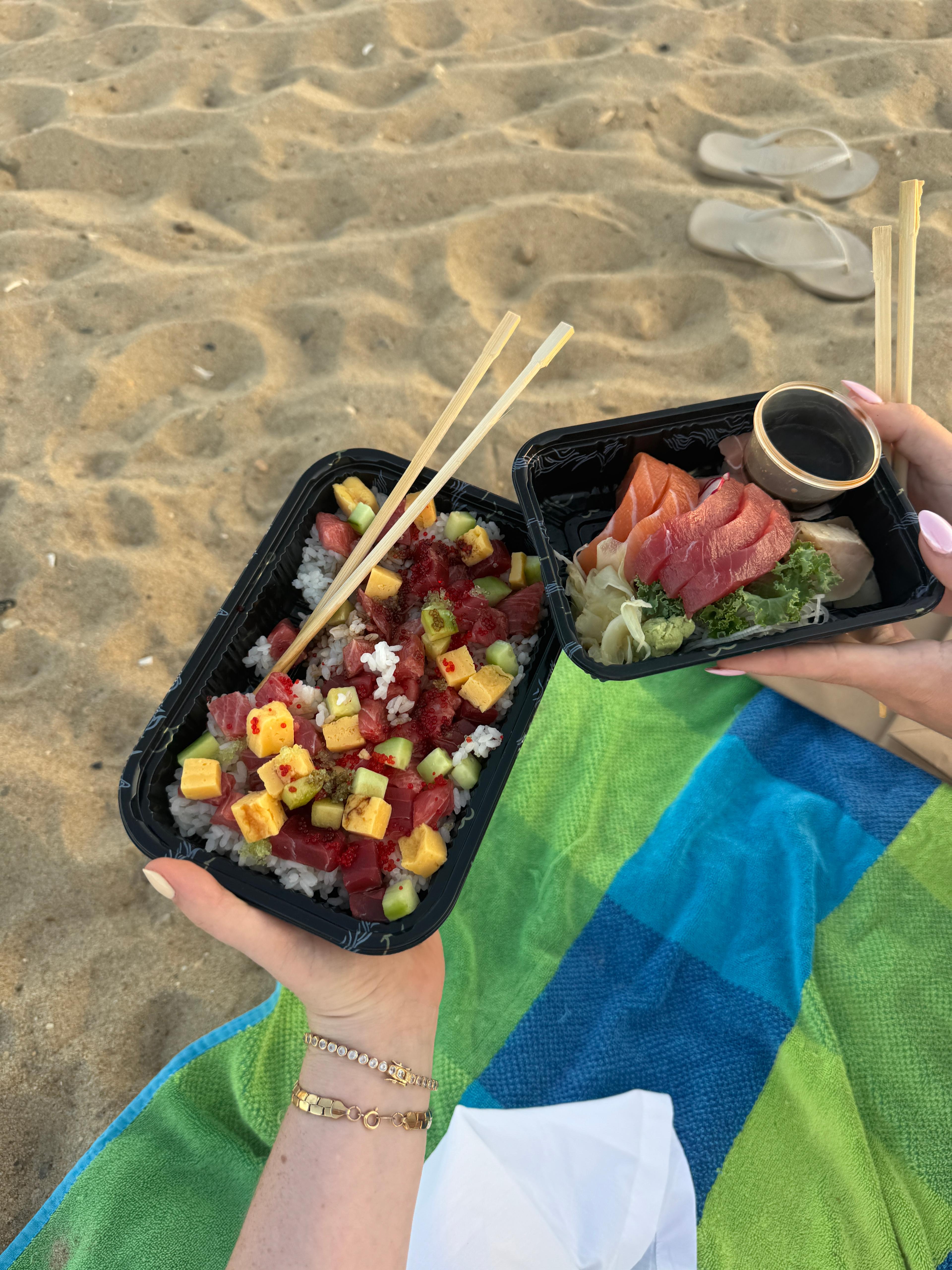 Eating Maguro on the beach