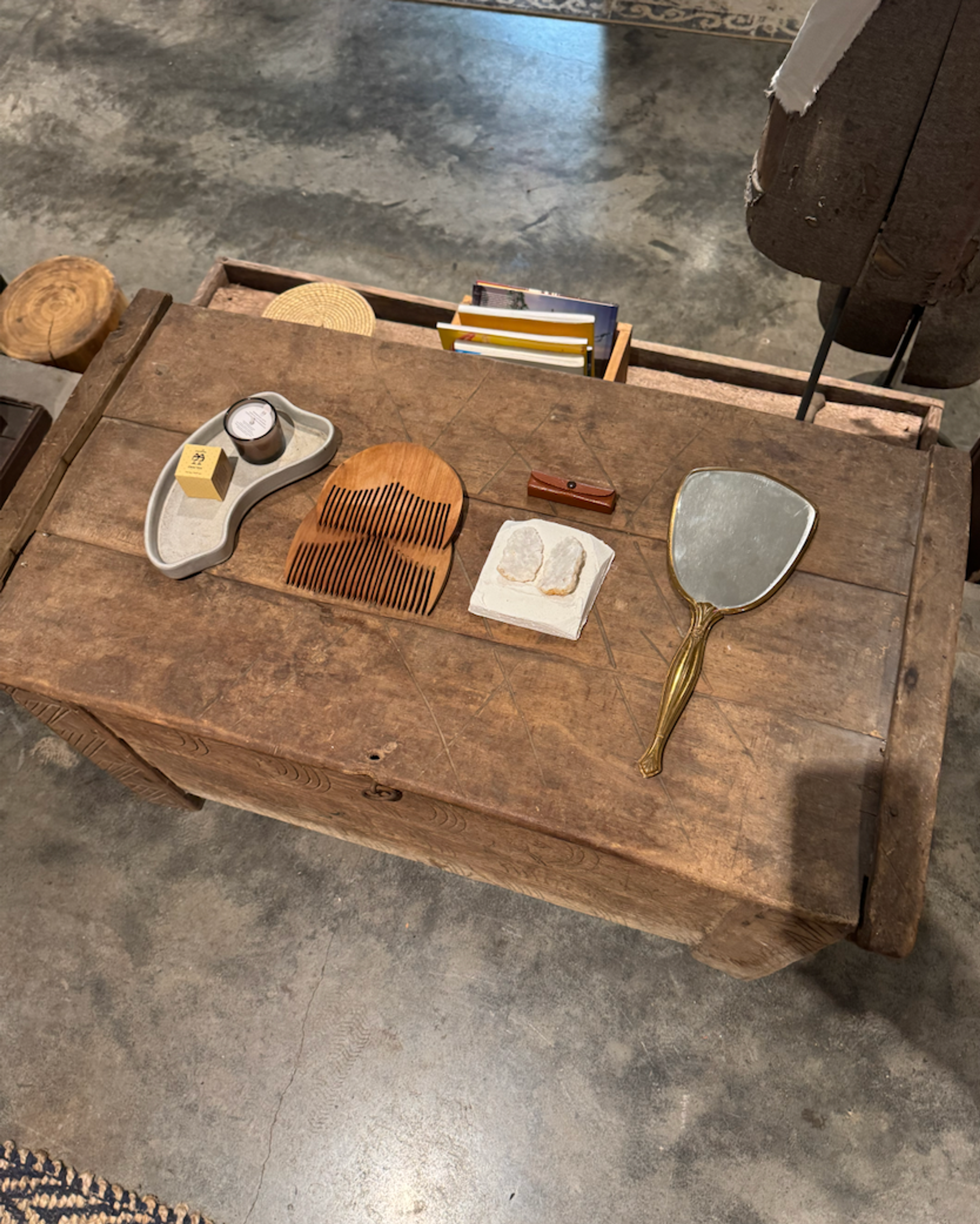 antique jewelry and shovel on table