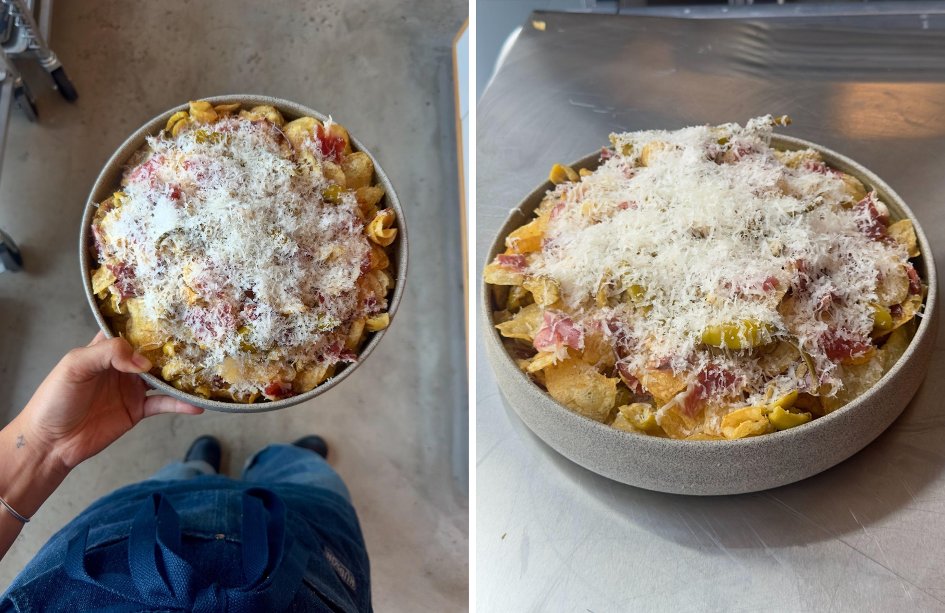 two photos of a bowl of basque nachos