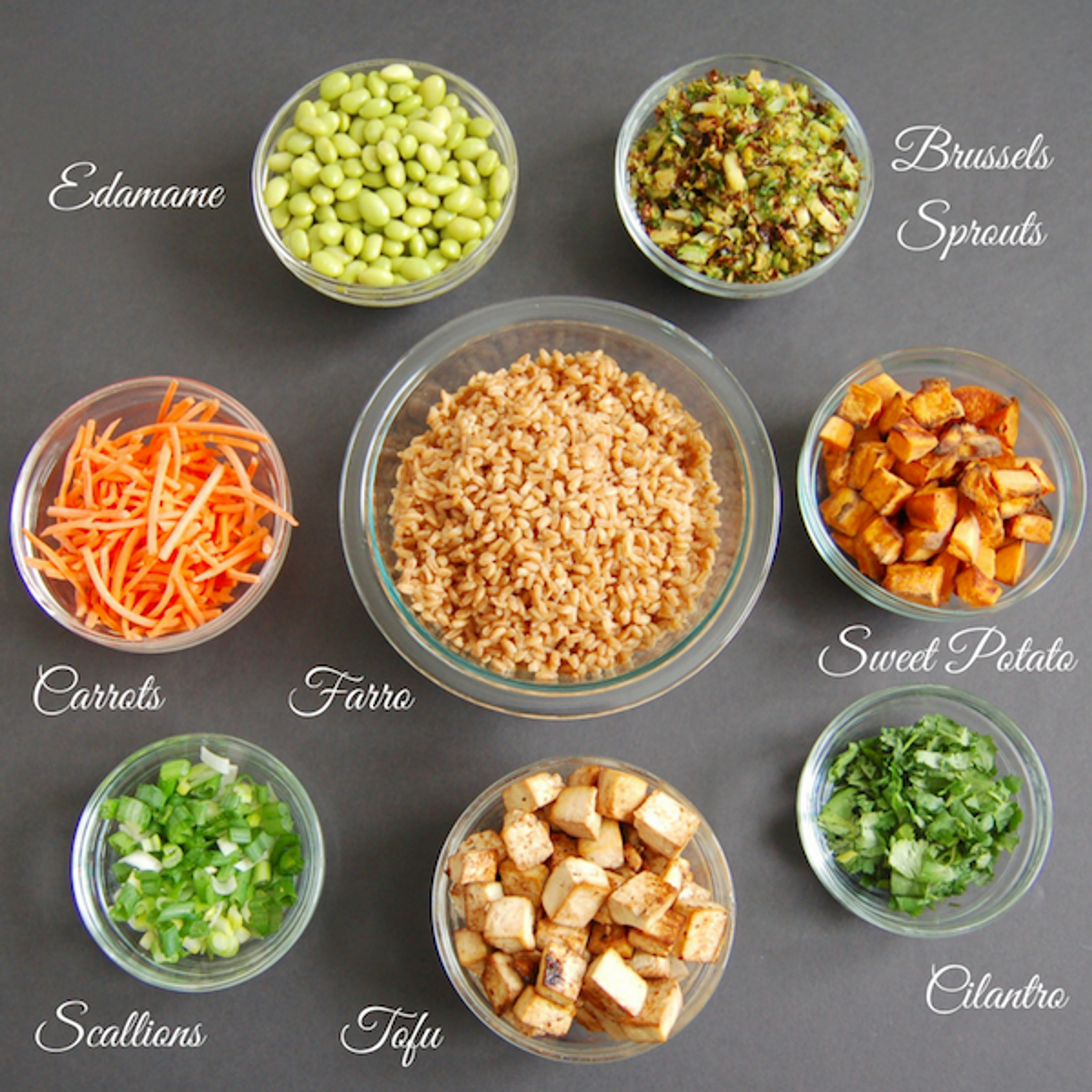 ingredients prepped for a budha bowl