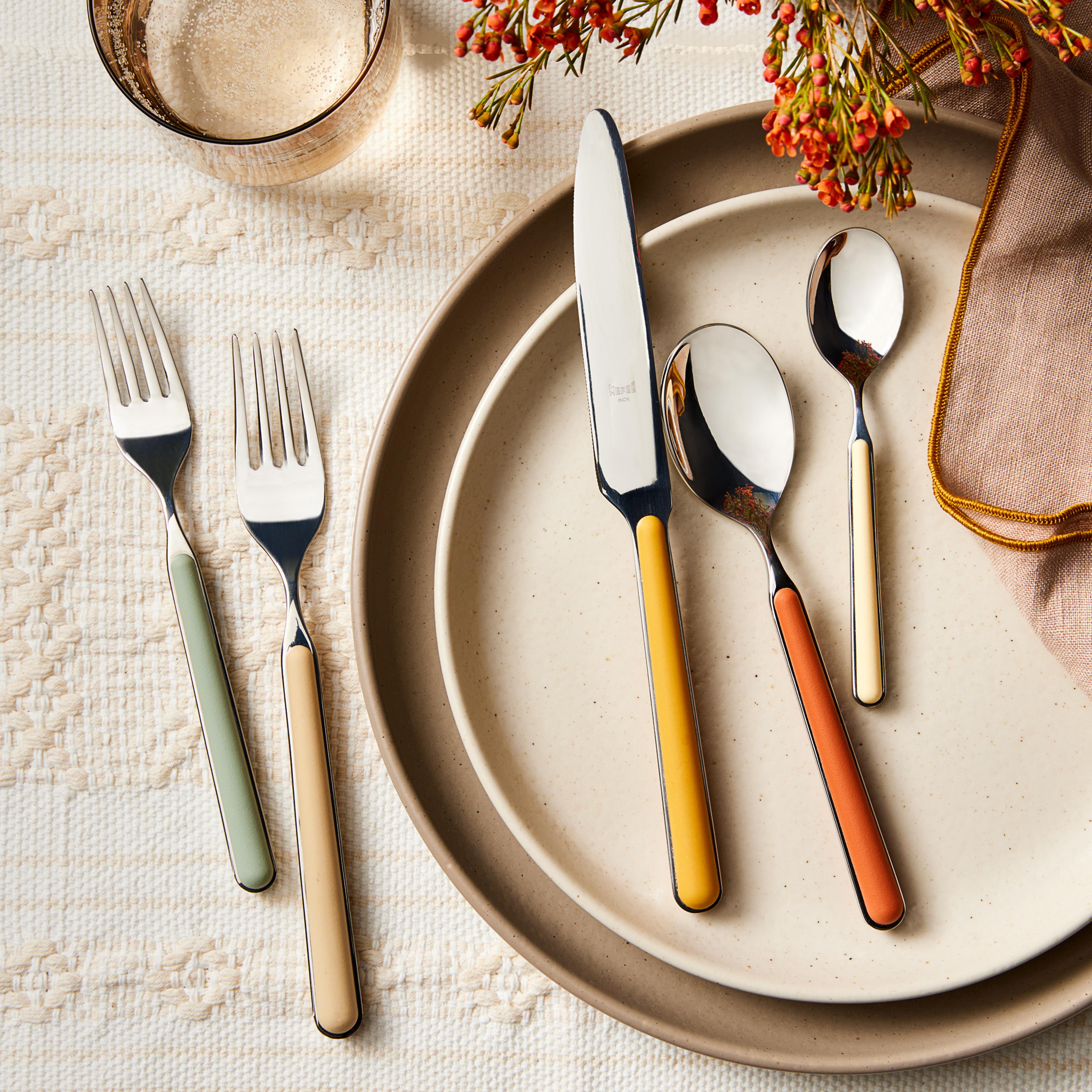 Mixed color flatware on a plate