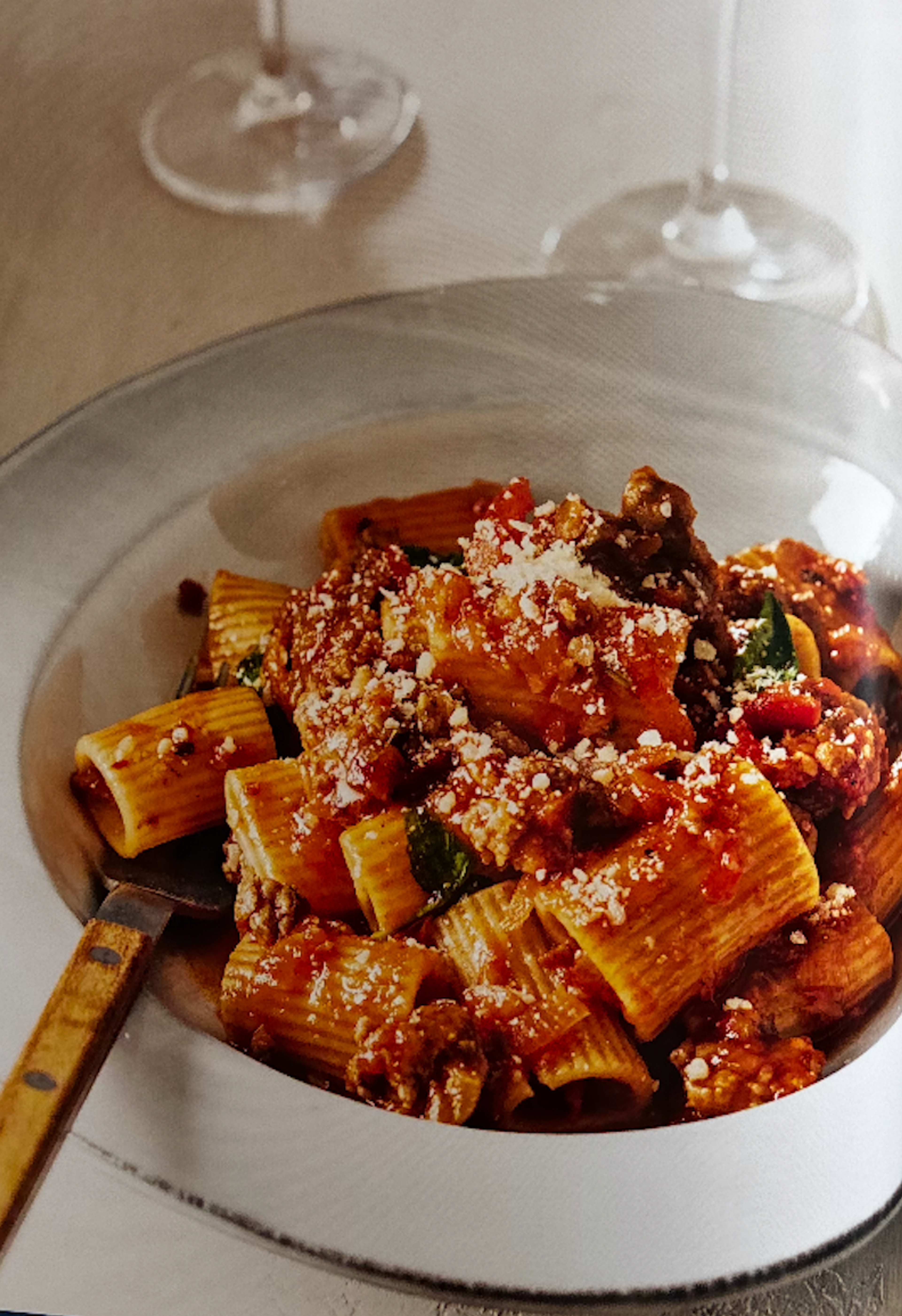 spicy rigatoni pasta in bowl