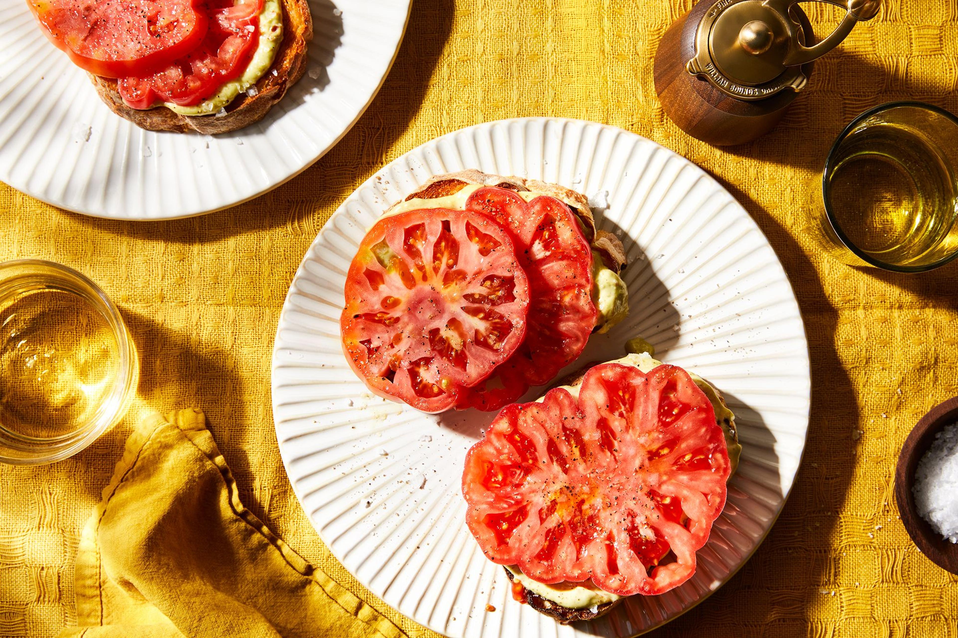 summery tomato toast on plates