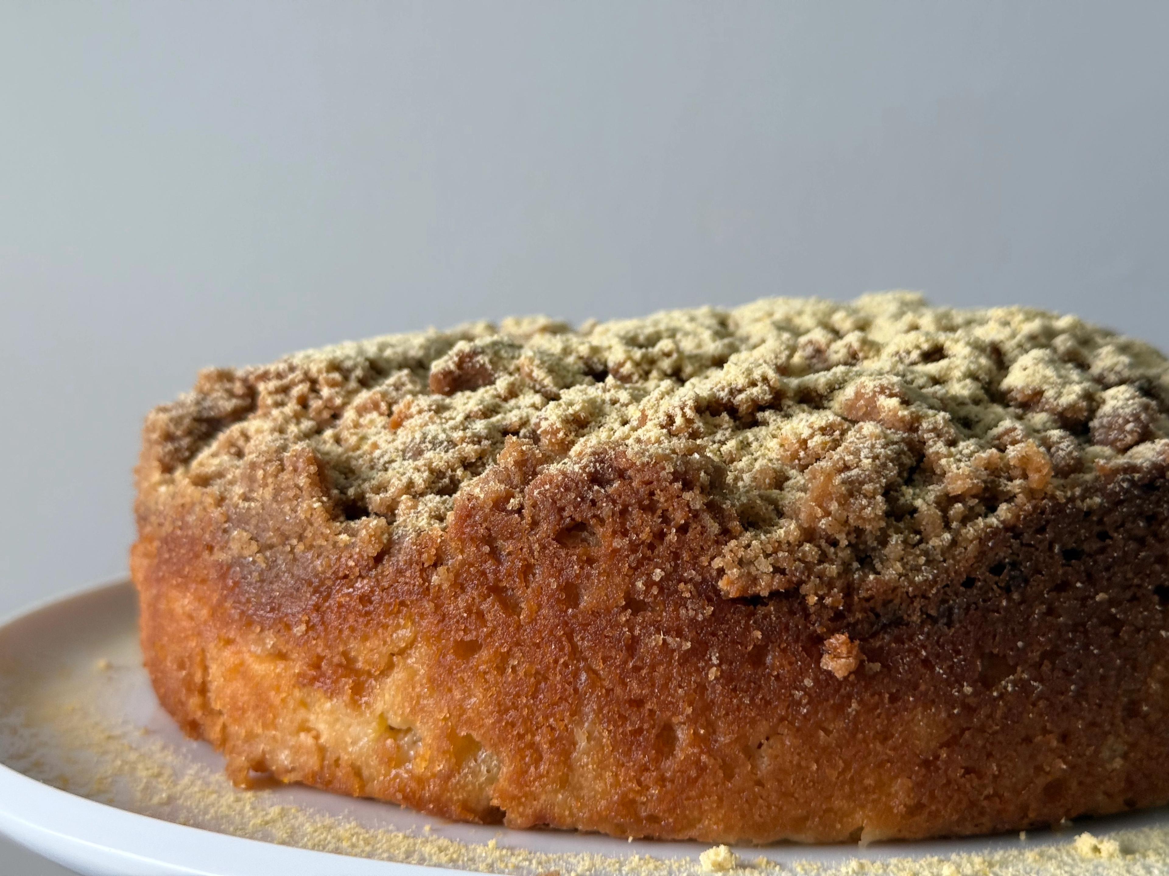 peach crumble cake on plate