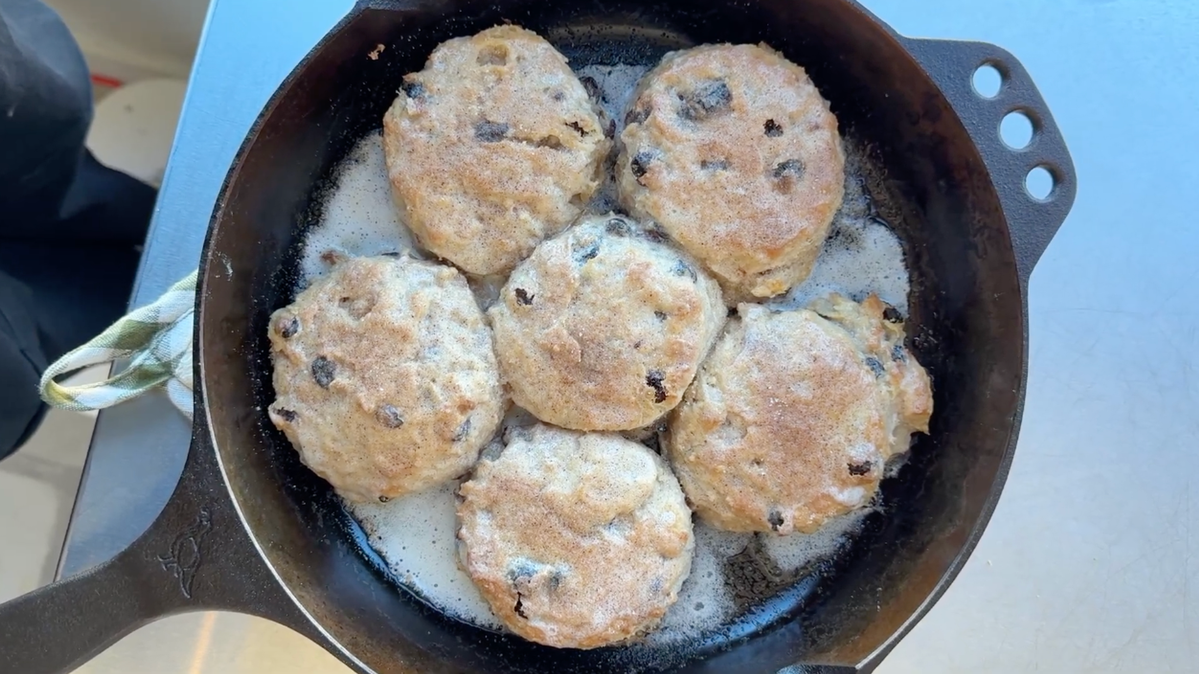 cinnamon raisin biscuits in skillet in Food52 test kitchen