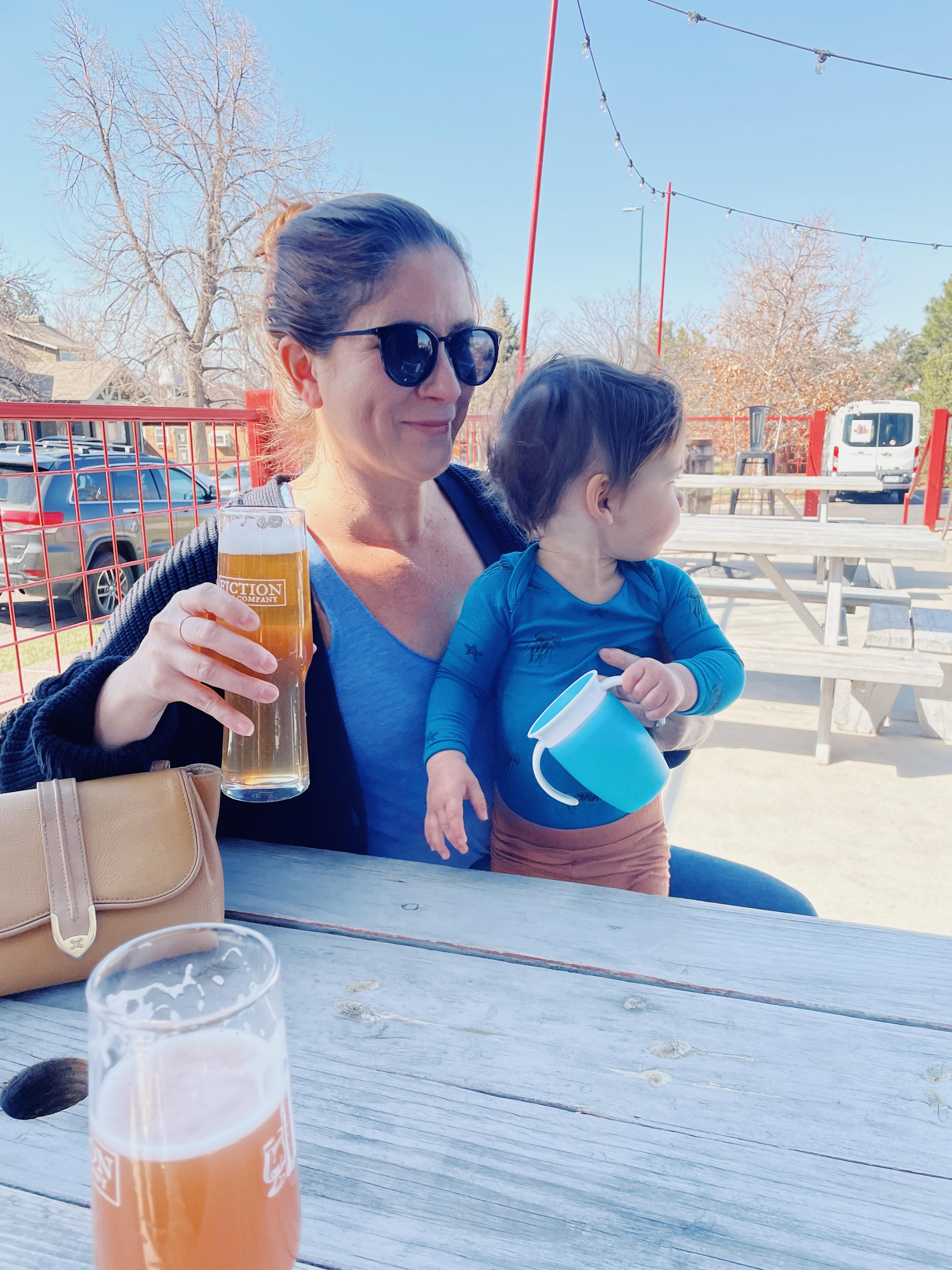 author with kid eating out