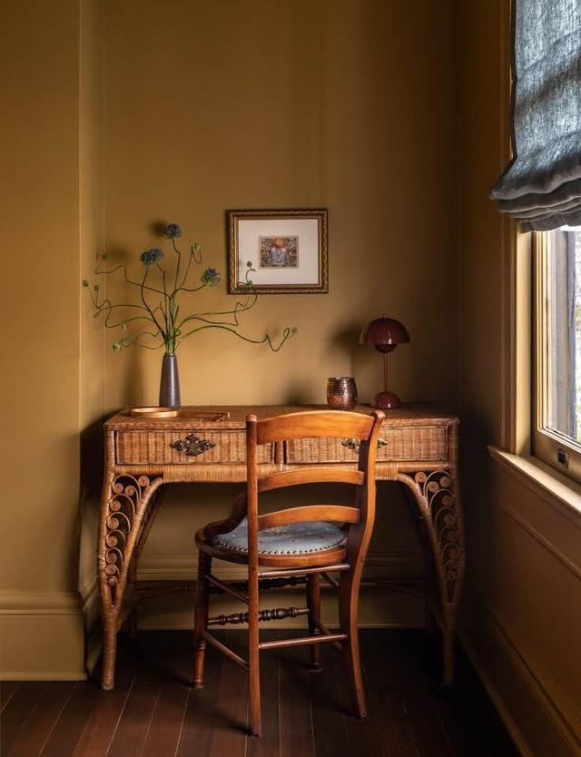 desk in ochre colored room