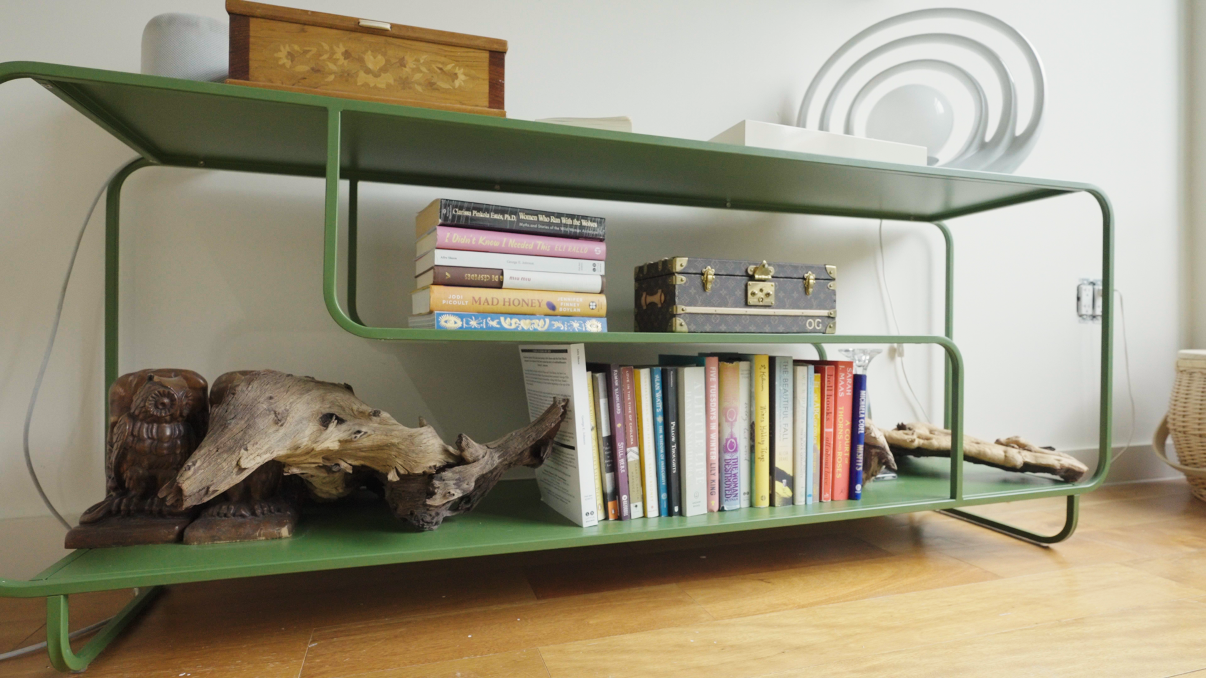 Green Schoolhouse shelf side table Olivia Galli's NYC apartment