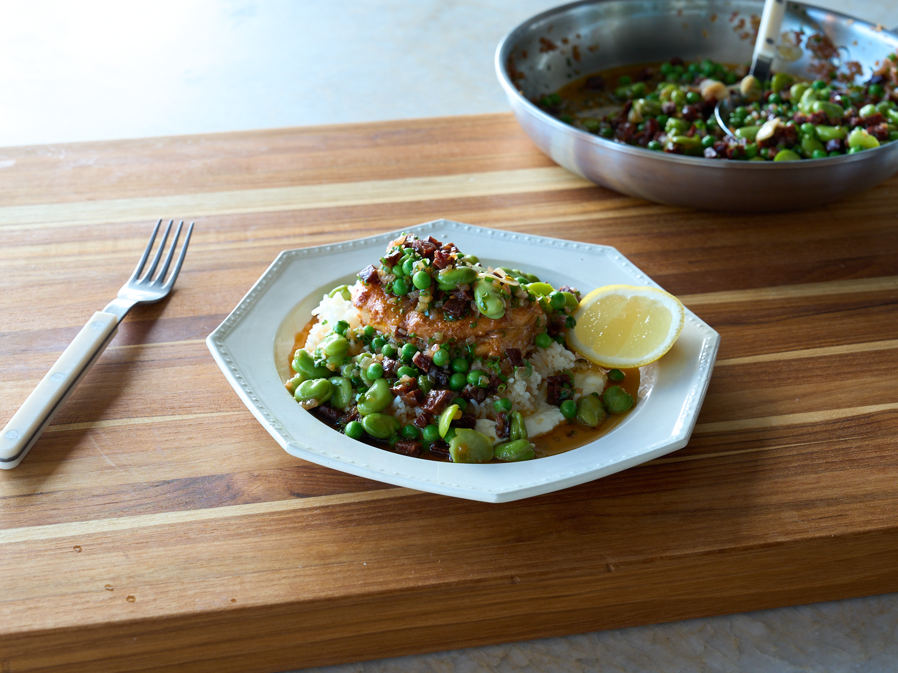 Baked Cod with Chorizo and Peas