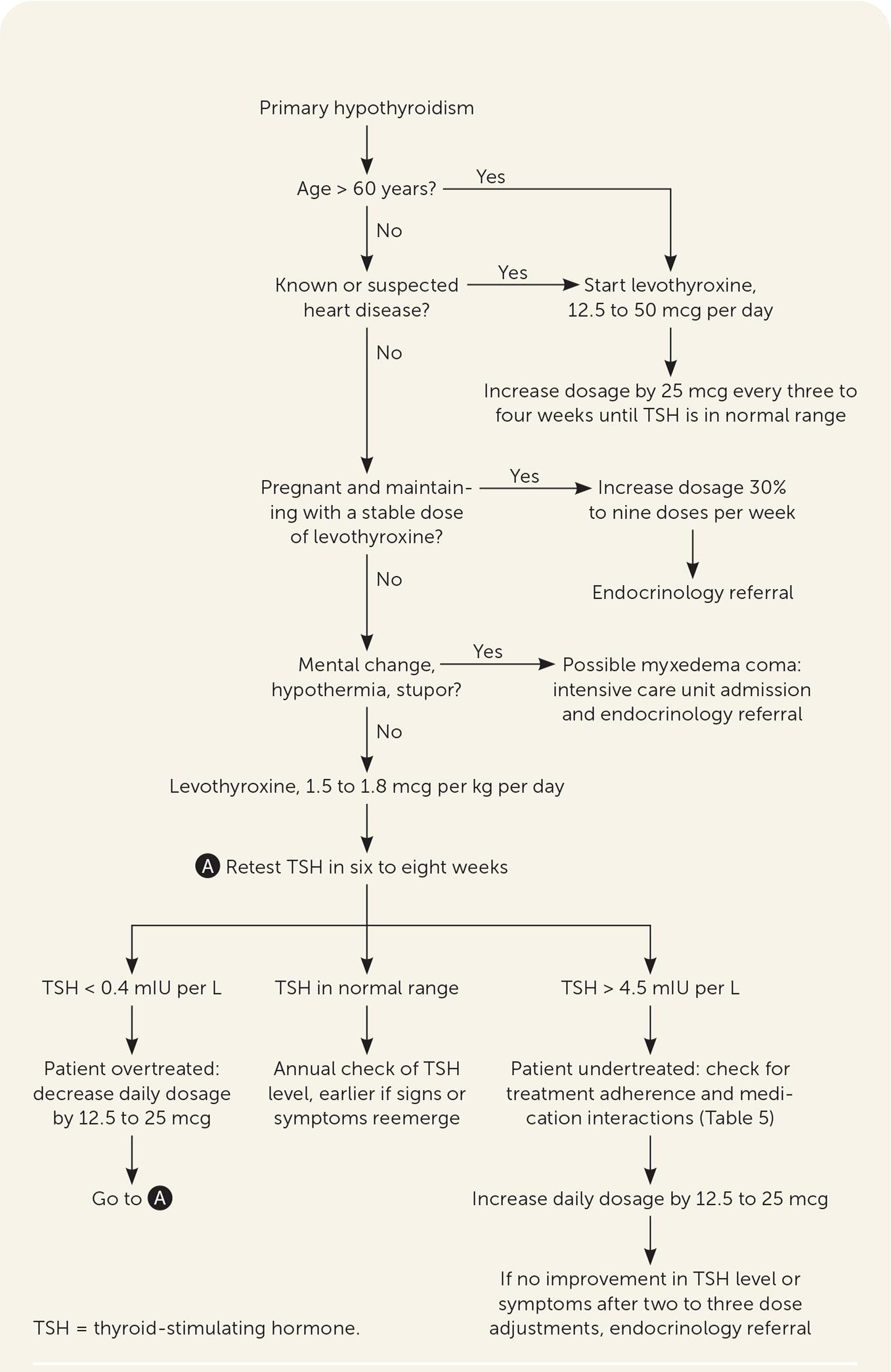 Algorithm for the treatment of primary hypothyroidism in adults. Information from references 2, 3, 5, 7, 10, and 20–25.