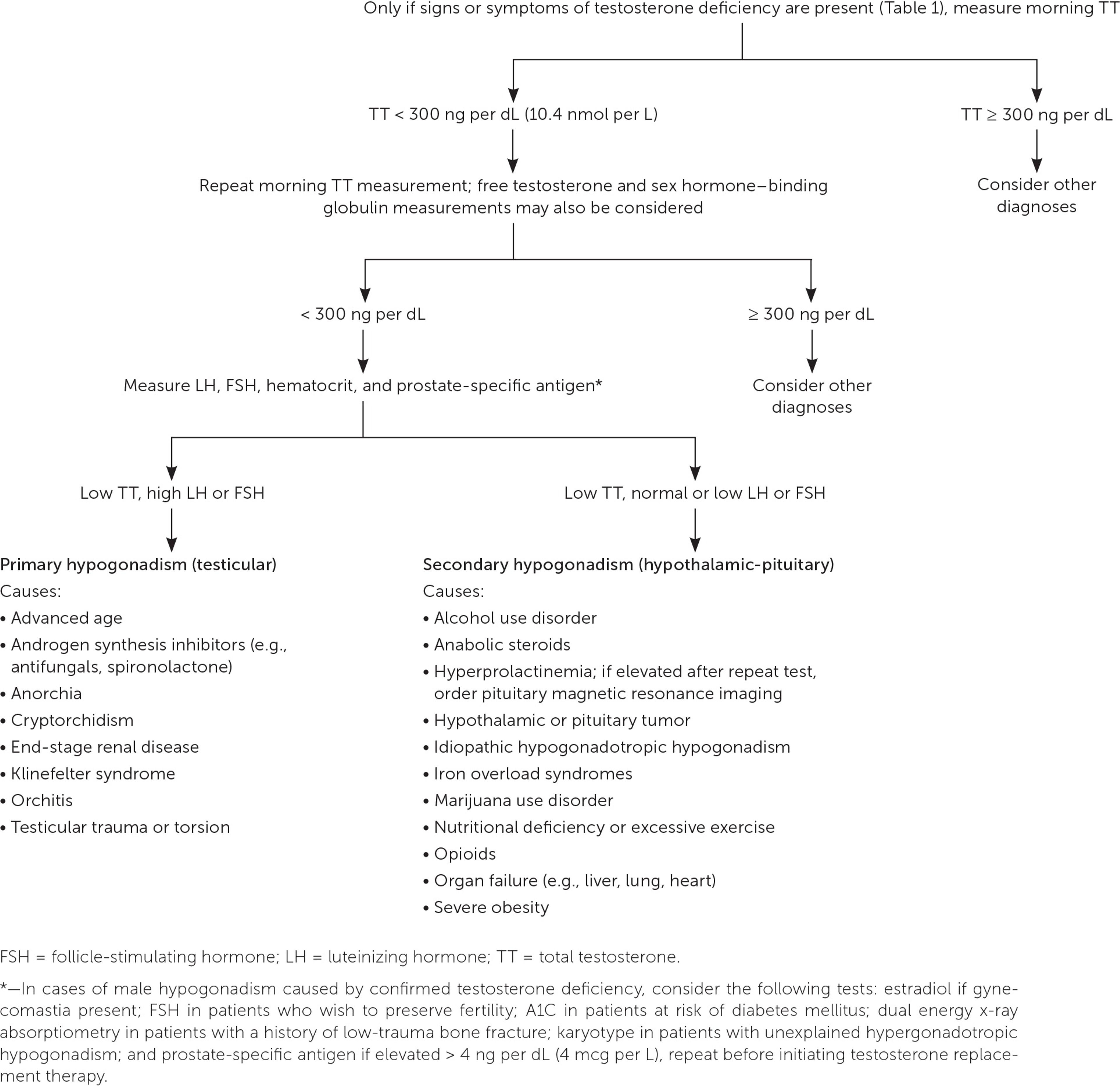 Evaluation of male hypogonadism. Adapted with permission from Petering RC, Brooks NA. Testosterone therapy: review of clinical applications [published correction appears in Am Fam Physician. 2019;100(7):393]. Am Fam Physician. 2017;96(7):443, with additional information from references 1 and 7.
