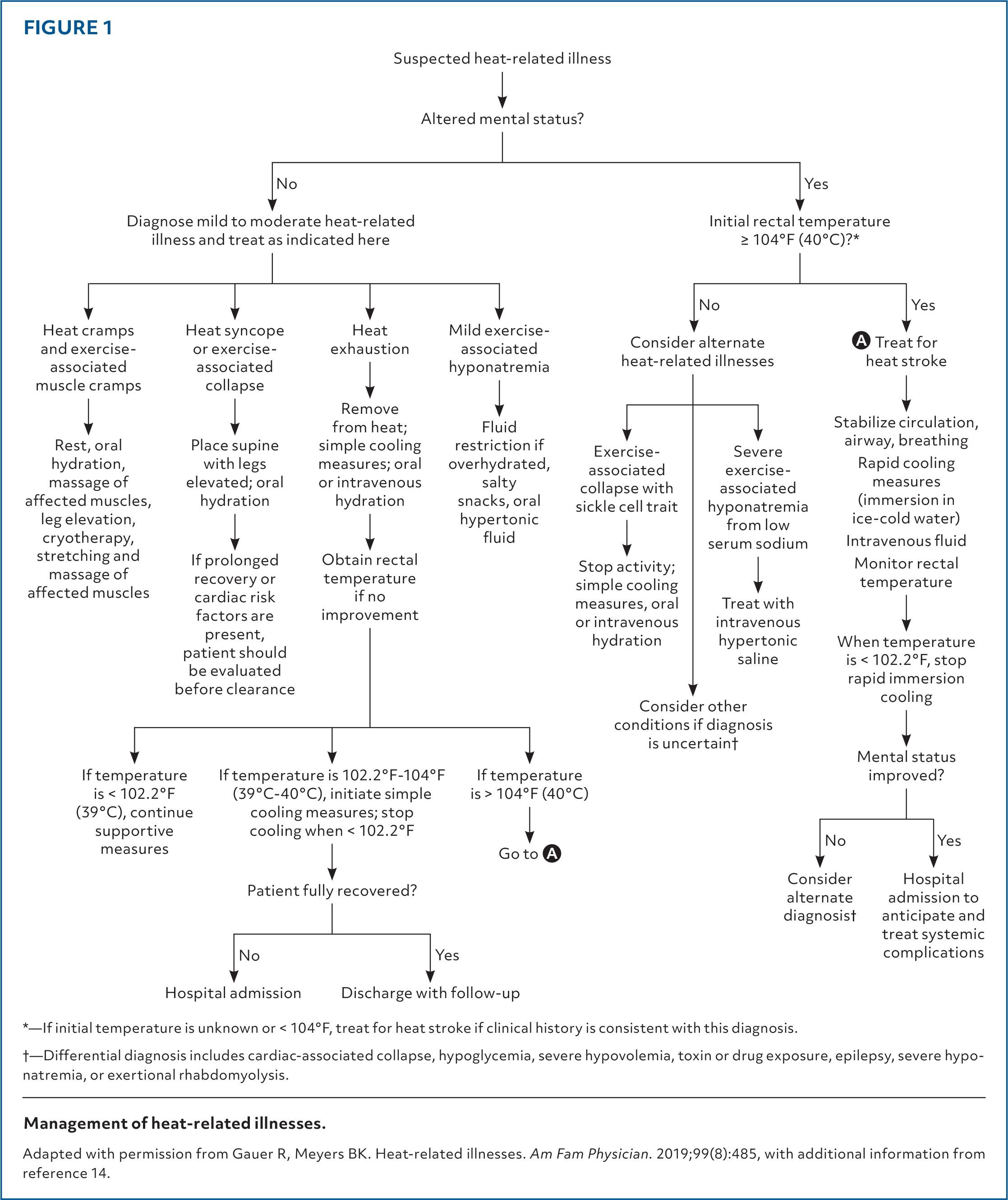 Management of heat-related illnesses. Adapted with permission from Gauer R, Meyers BK. Heat-related illnesses. Am Fam Physician. 2019; 99(8): 485, with additional information from reference 14.