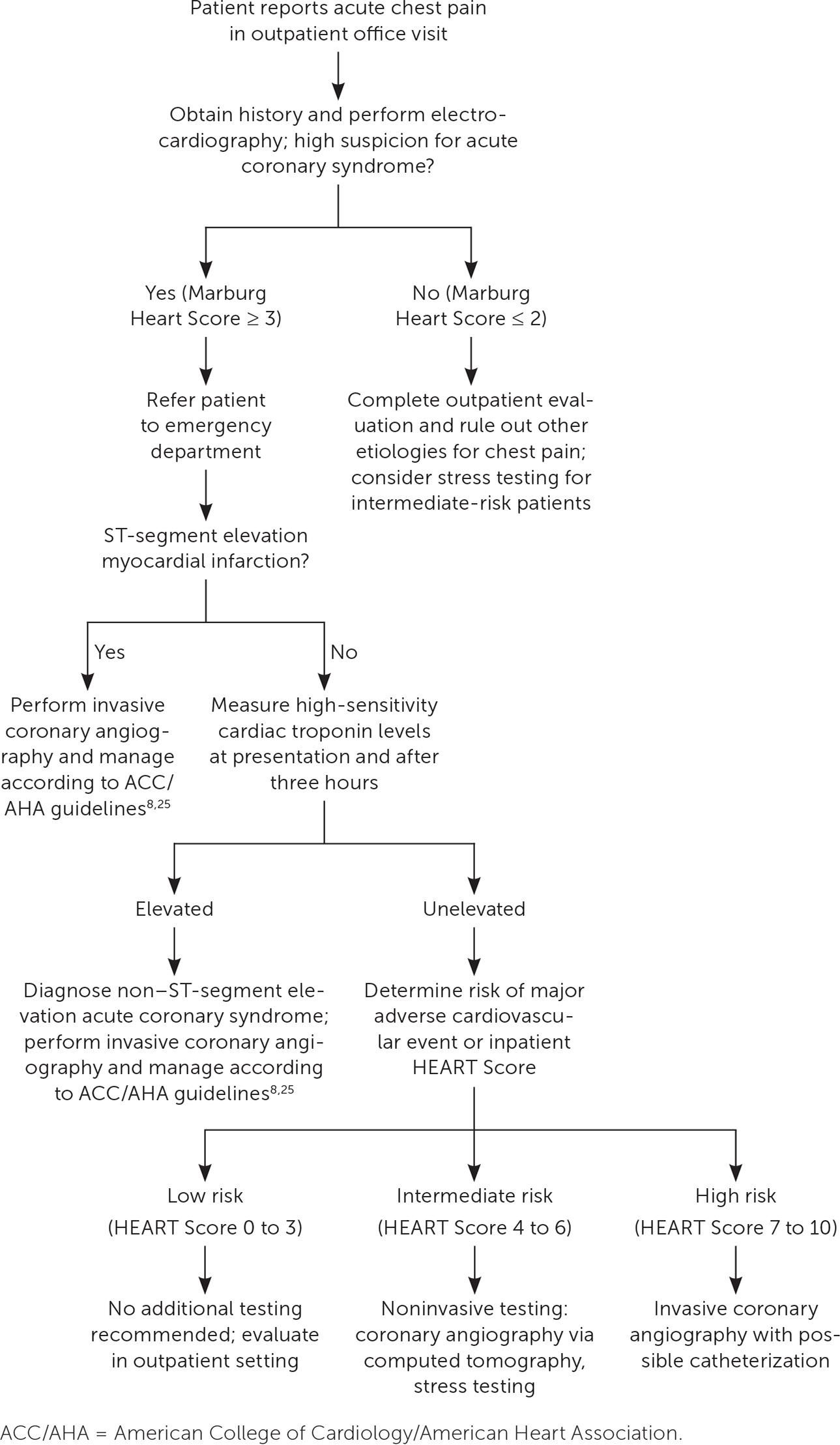 Evaluation for acute coronary syndrome. Information from references 8, 13, 14, and 25.