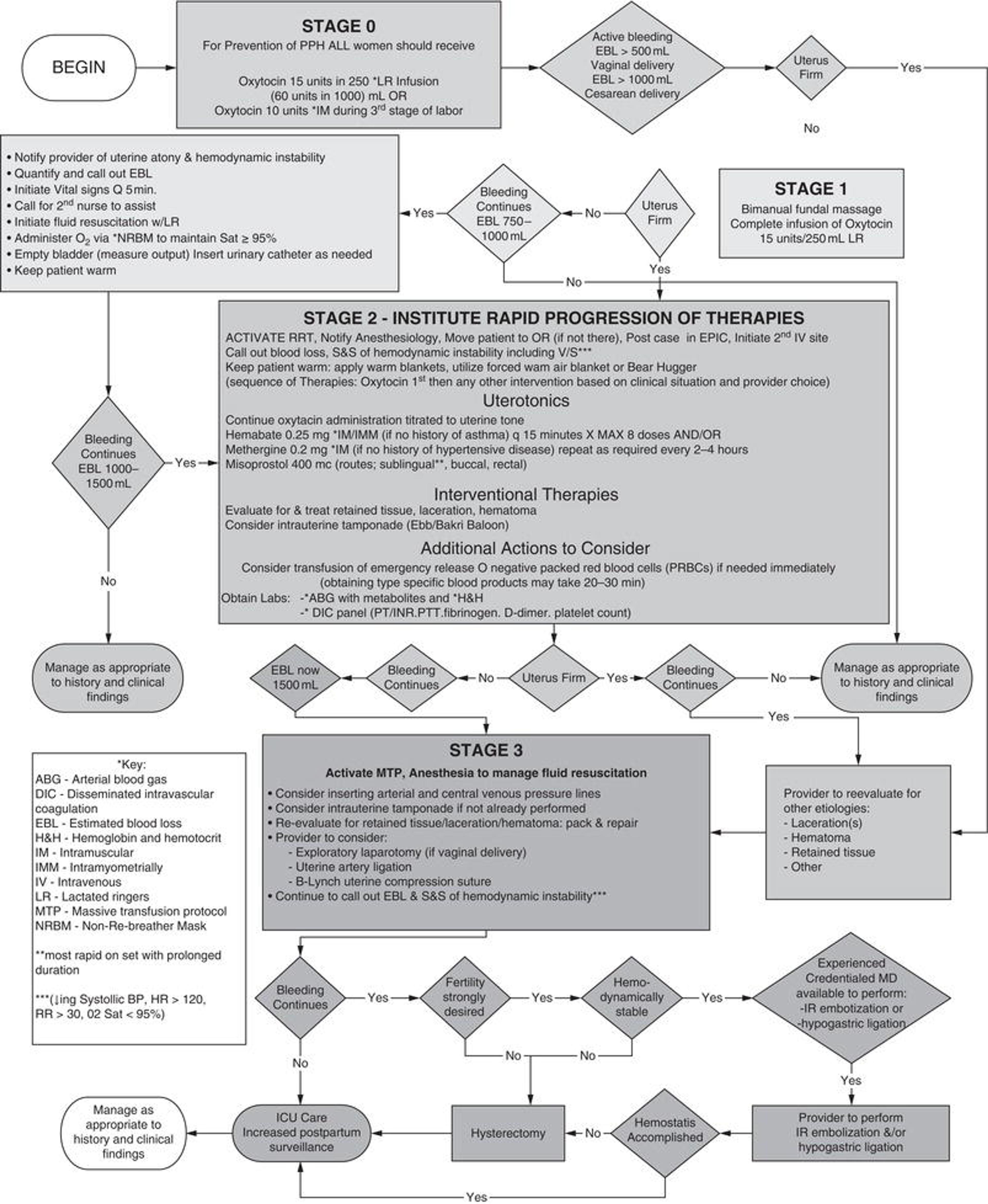 Clinical algorithm for managing obstetric hemorrhage due to uterine atony.