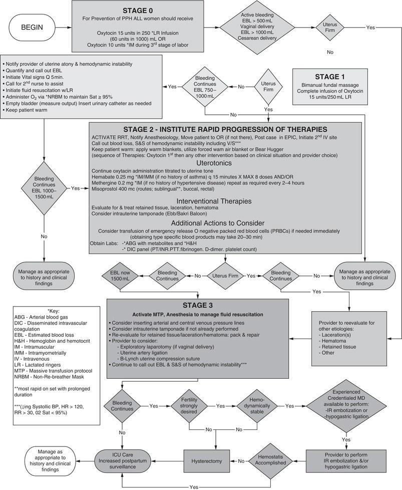 Clinical algorithm for managing obstetric hemorrhage due to uterine atony.