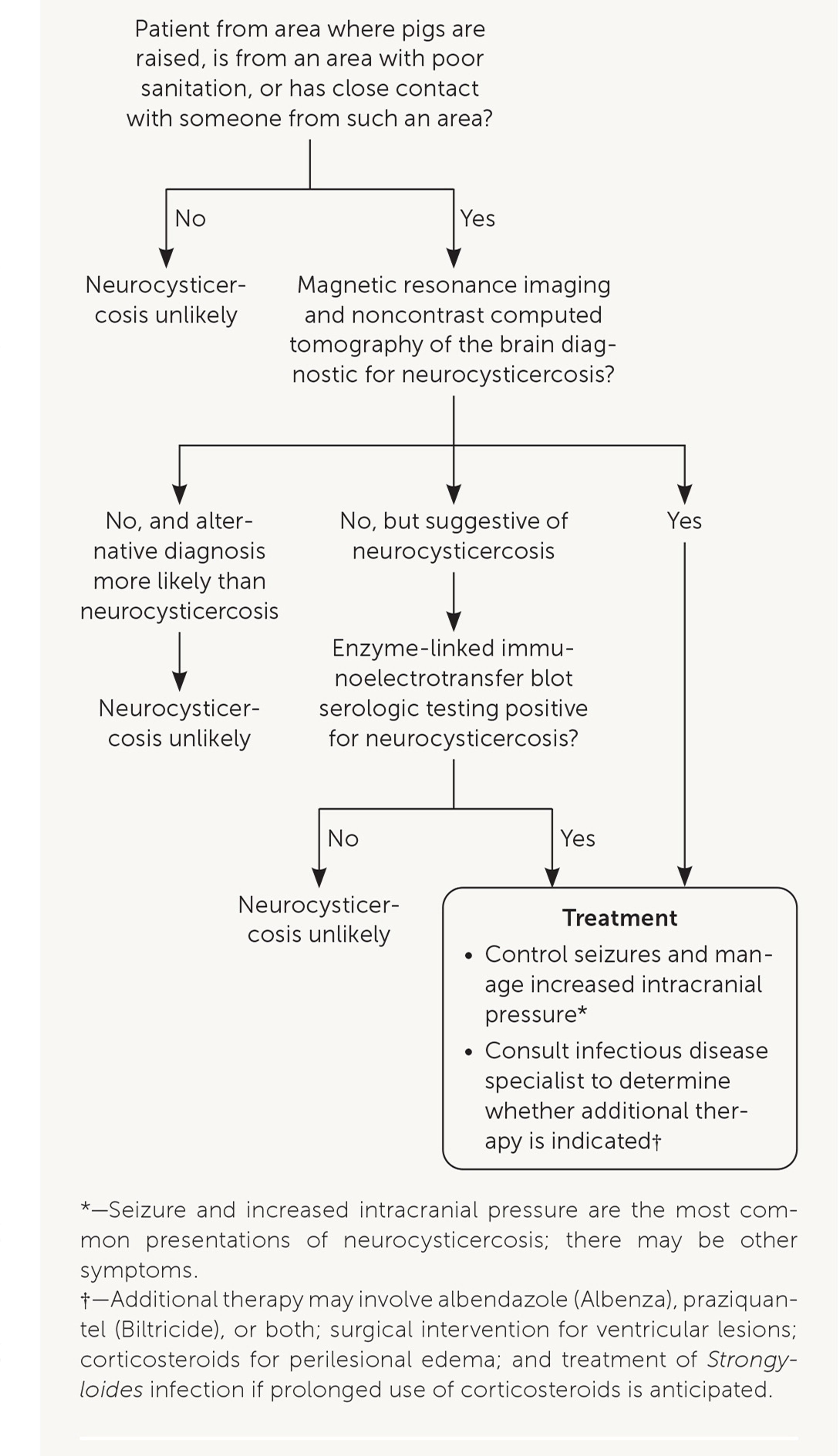 Diagnosis and management of neurocysticercosis in patients presenting with new seizures or increased intracranial pressure.