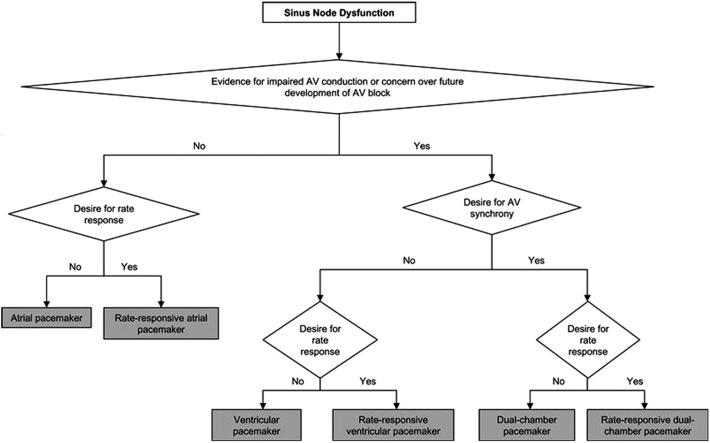 Selection of pacemaker systems for patients with sinus node dysfunction. Decisions are illustrated by diamonds. Shaded boxes indicate type of pacemaker. AV indicates atrioventricular.