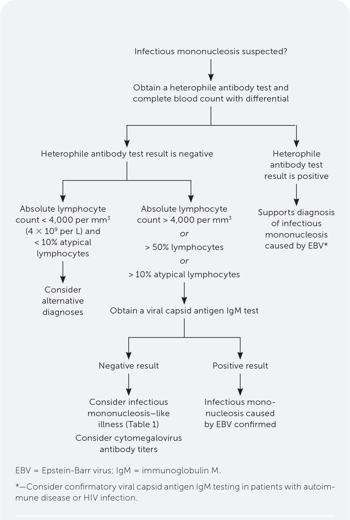 Algorithm for the laboratory assessment of suspected infectious mononucleosis. Adapted with permission from Womack J, Jimenez M. Common questions about infectious mononucleosis. Am Fam Physician. 2015;91(6):374.