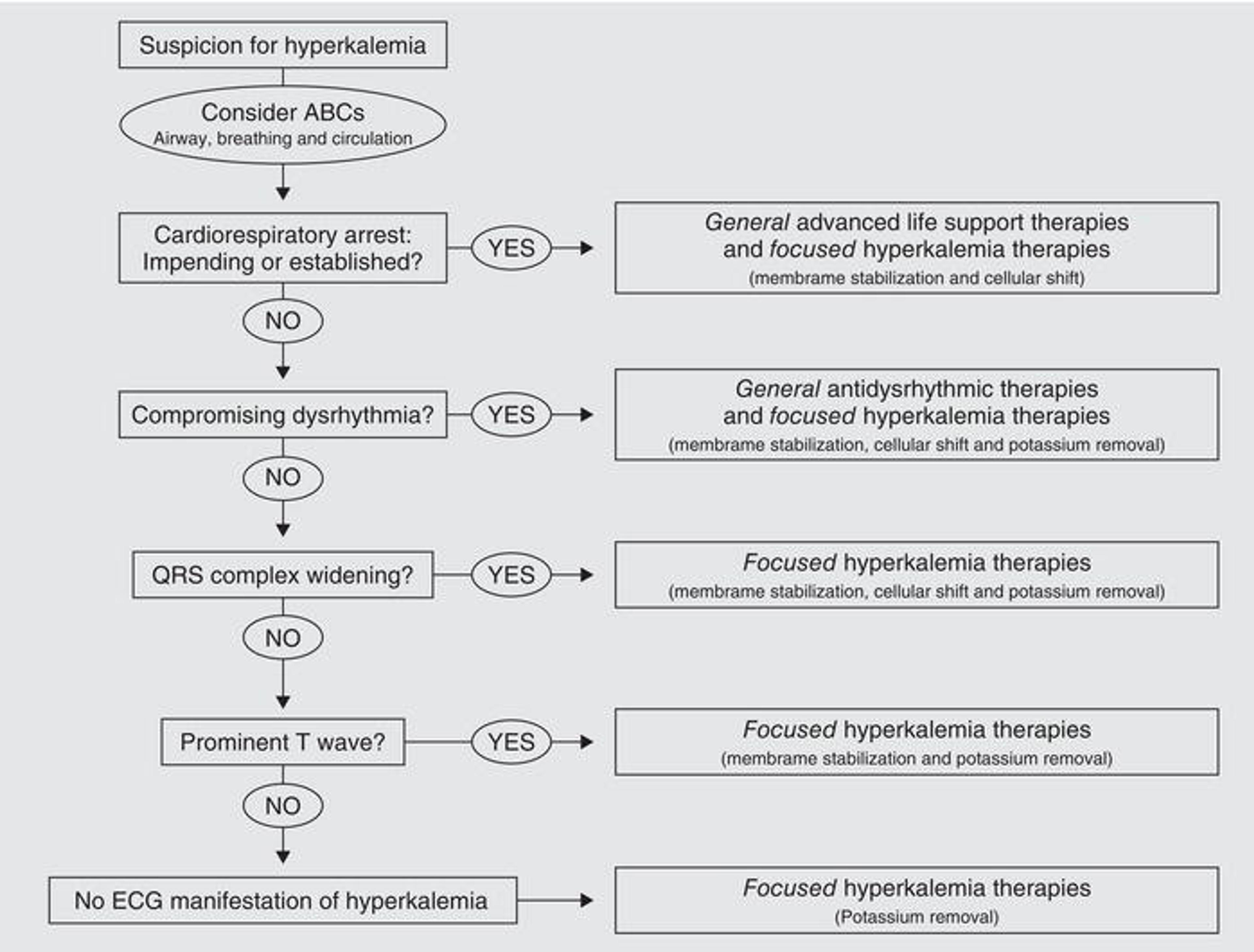 ECG‐directed guideline for the treatment of hyperkalemia. Of course, the clinician managing the patient is in the best position to determine specific therapy in an individual patient situation.