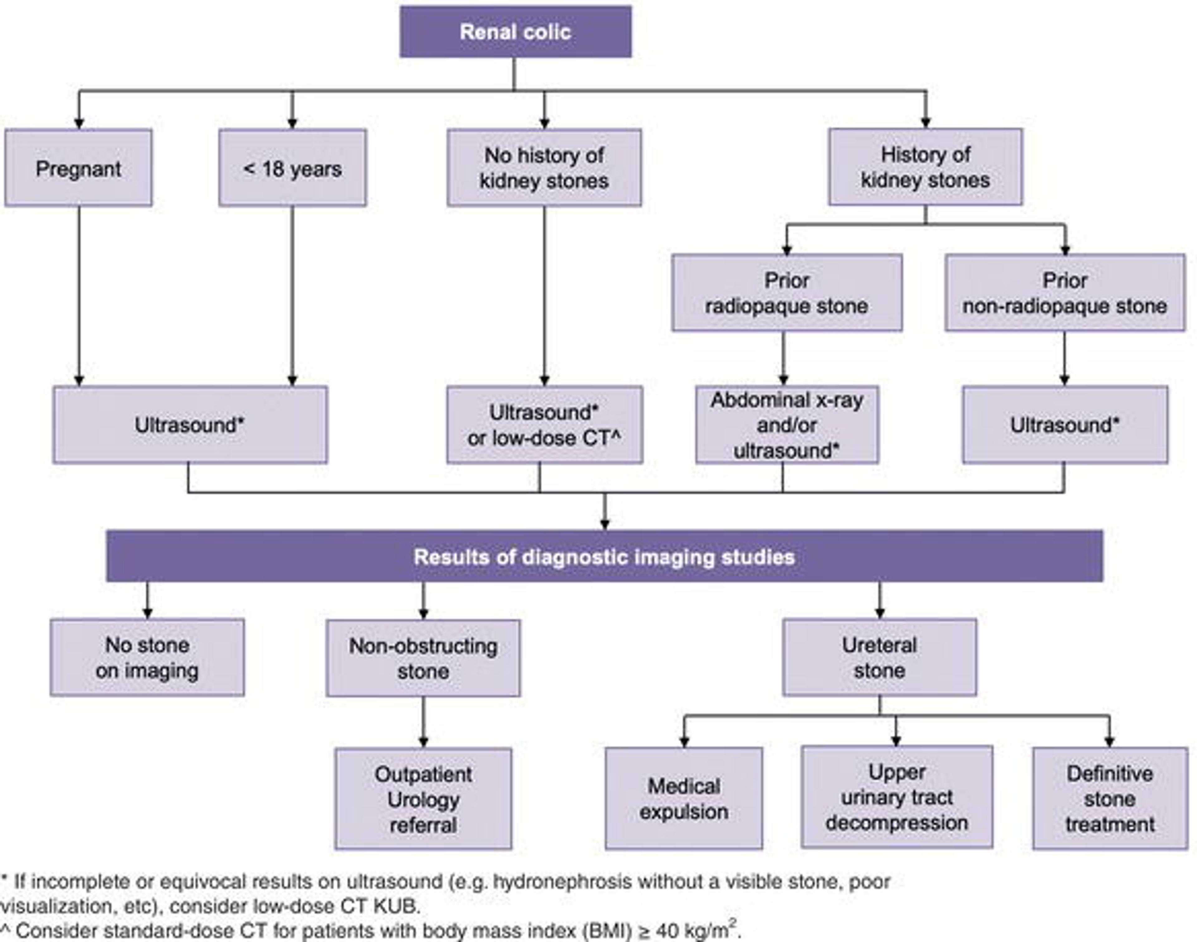 Suggested algorithm for diagnostic imaging for acute renal colic. Adapted from Miller and Stoller [6]