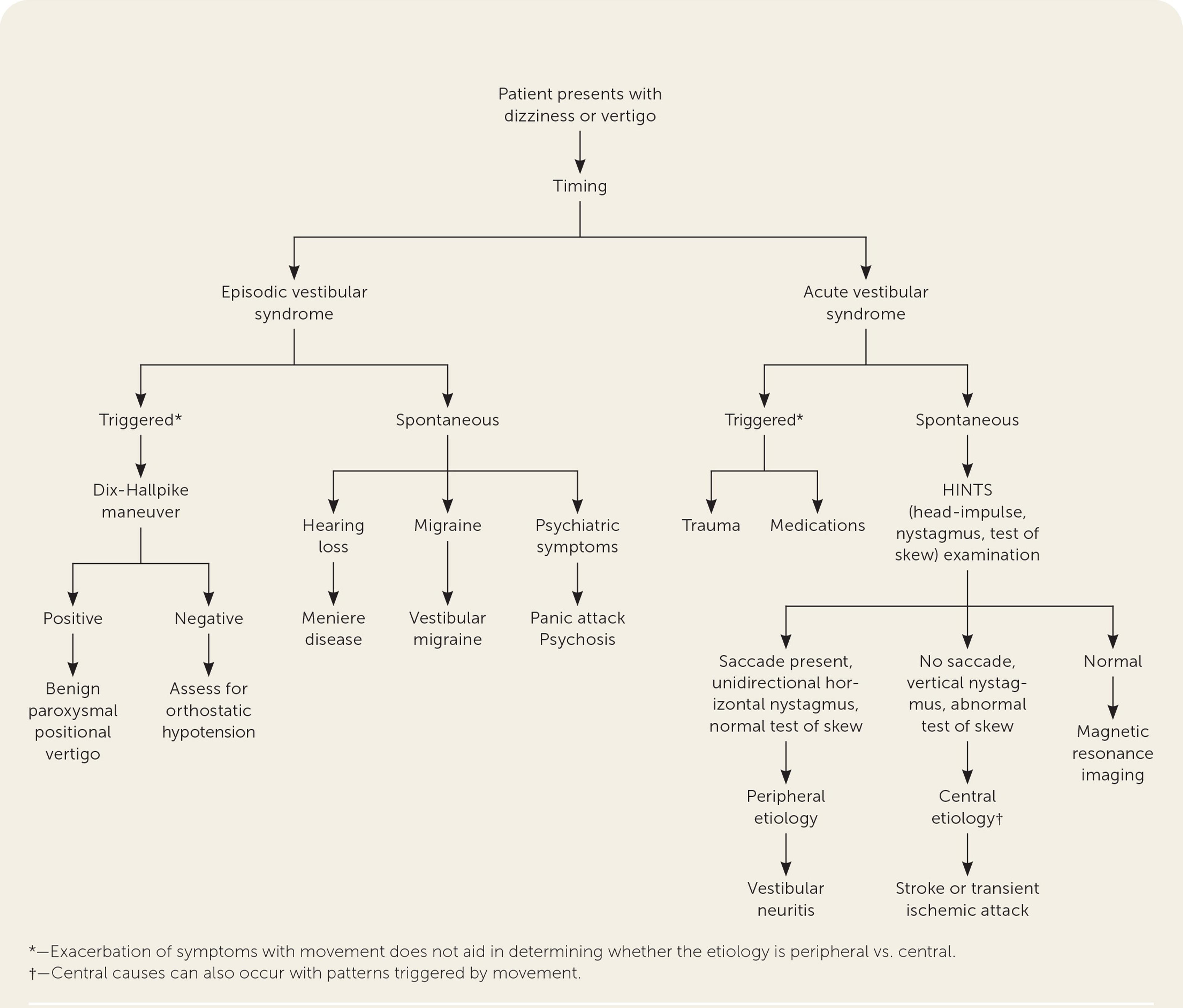 Figure 1. Diagnostic evaluation of dizziness. Adapted with permission from Muncie HL, Sirmans SM, James E. Dizziness: Approach to evaluation and management. Am Fam Physician. 2017;95(3):156.