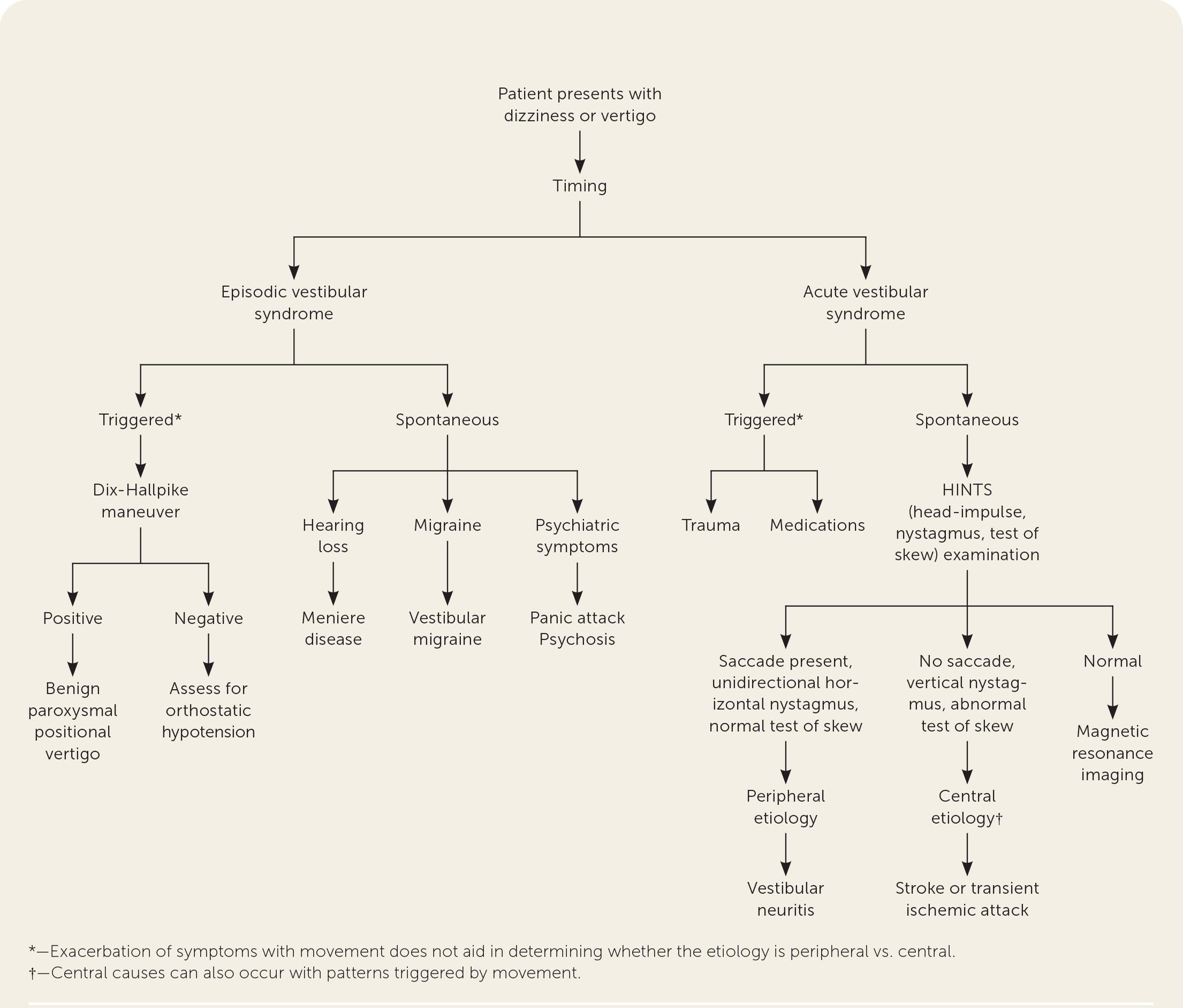 Figure 1. Diagnostic evaluation of dizziness. Adapted with permission from Muncie HL, Sirmans SM, James E. Dizziness: Approach to evaluation and management. Am Fam Physician. 2017;95(3):156.