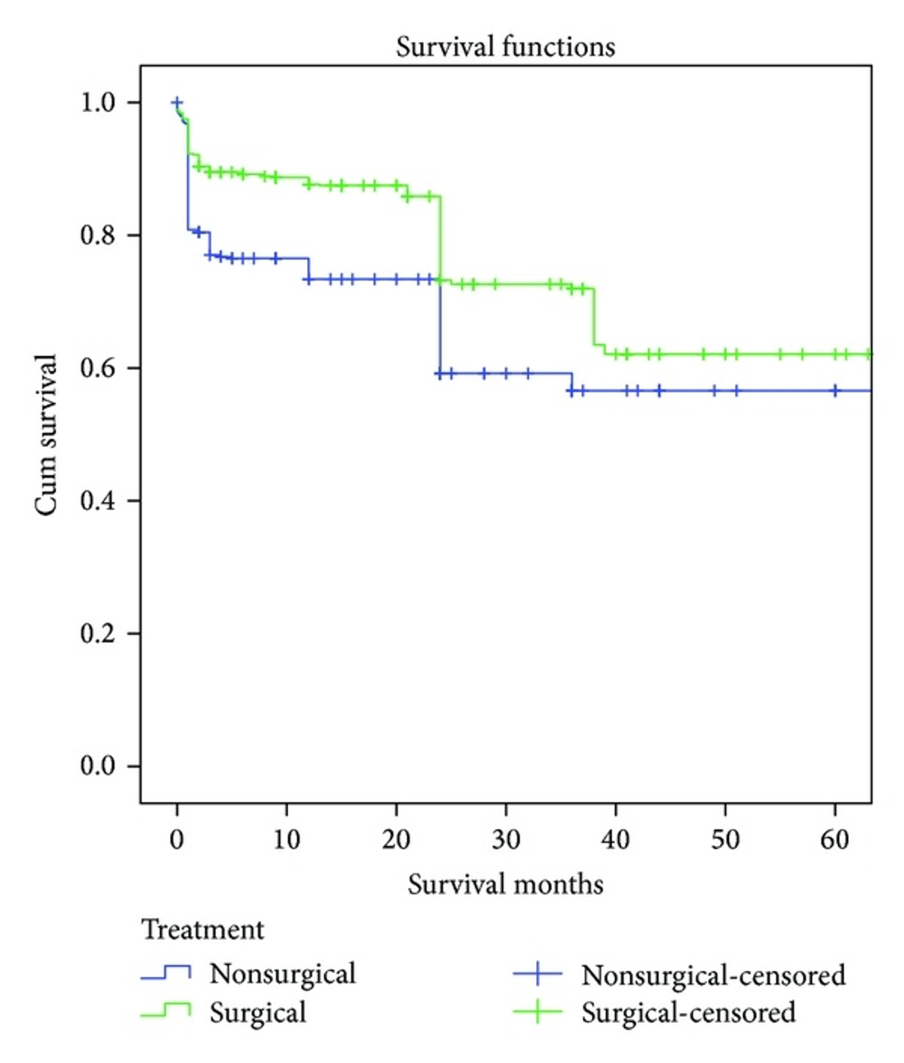 Kaplan‐Meier survival functions for included cases with surgically and nonsurgically treated odontoid fractures type II in the elderly ( n = 1284).