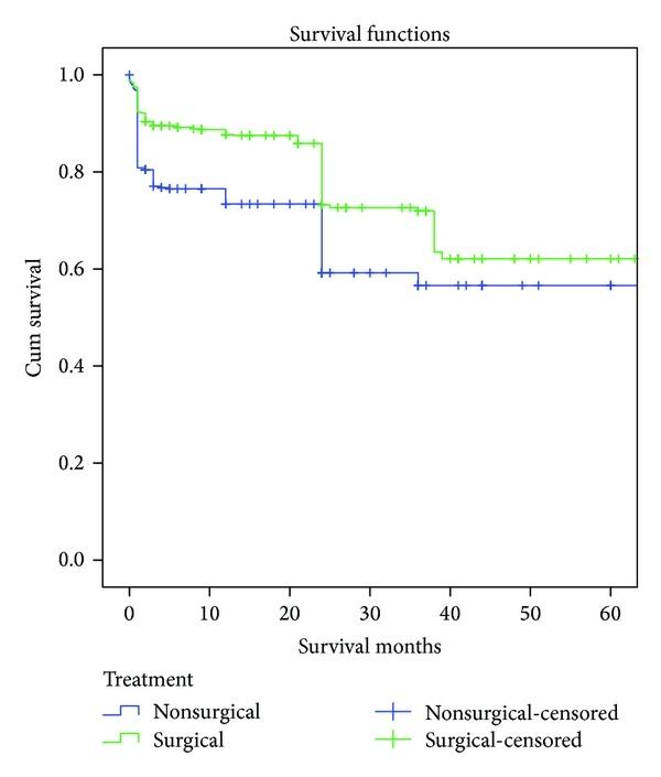 Kaplan‐Meier survival functions for included cases with surgically and nonsurgically treated odontoid fractures type II in the elderly ( n = 1284).