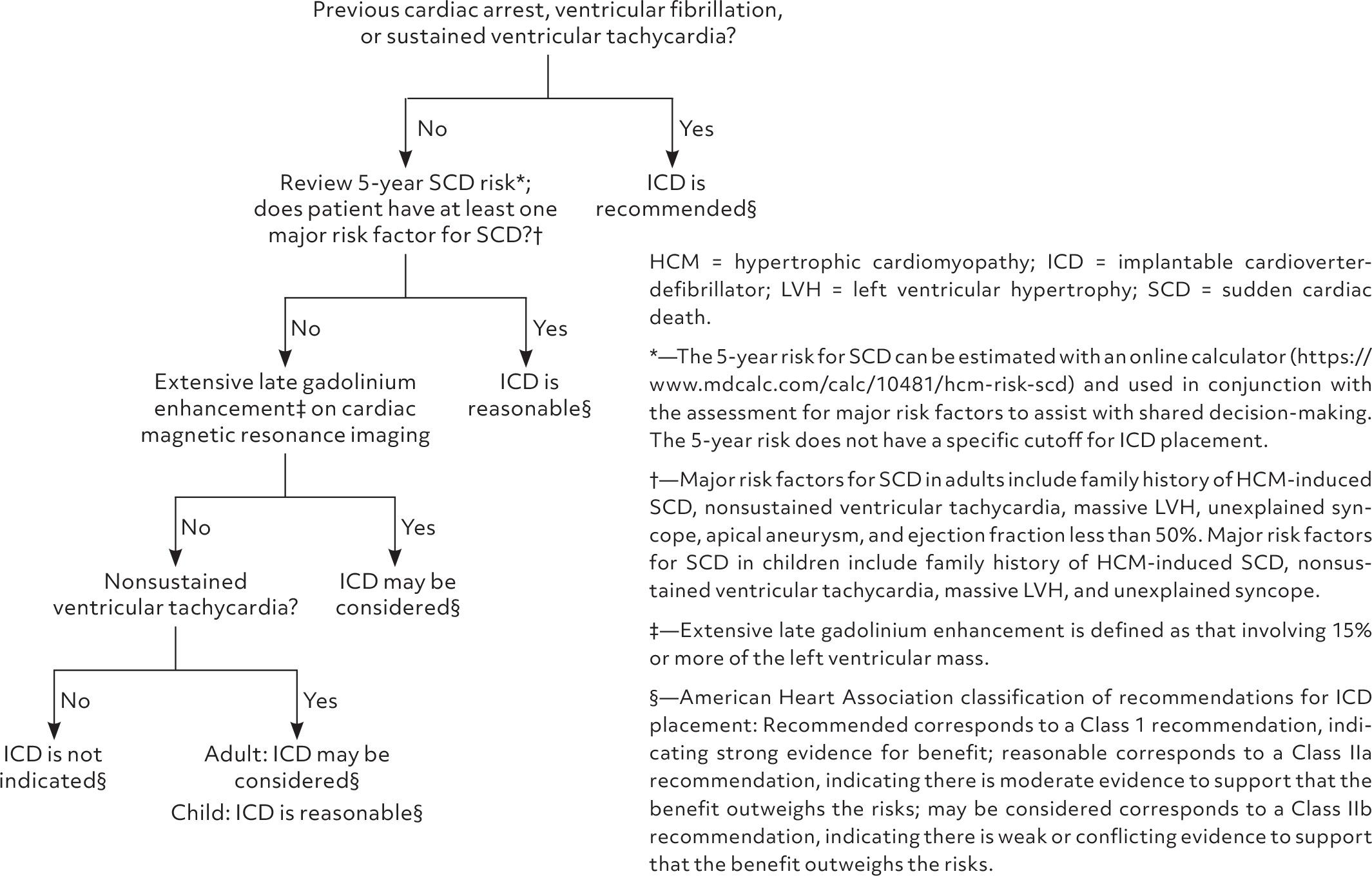 Algorithm for assessing ICD indication in patients with HCM. Information from reference 10.
