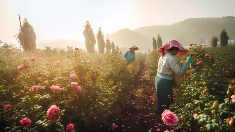 farmers harvesting rose