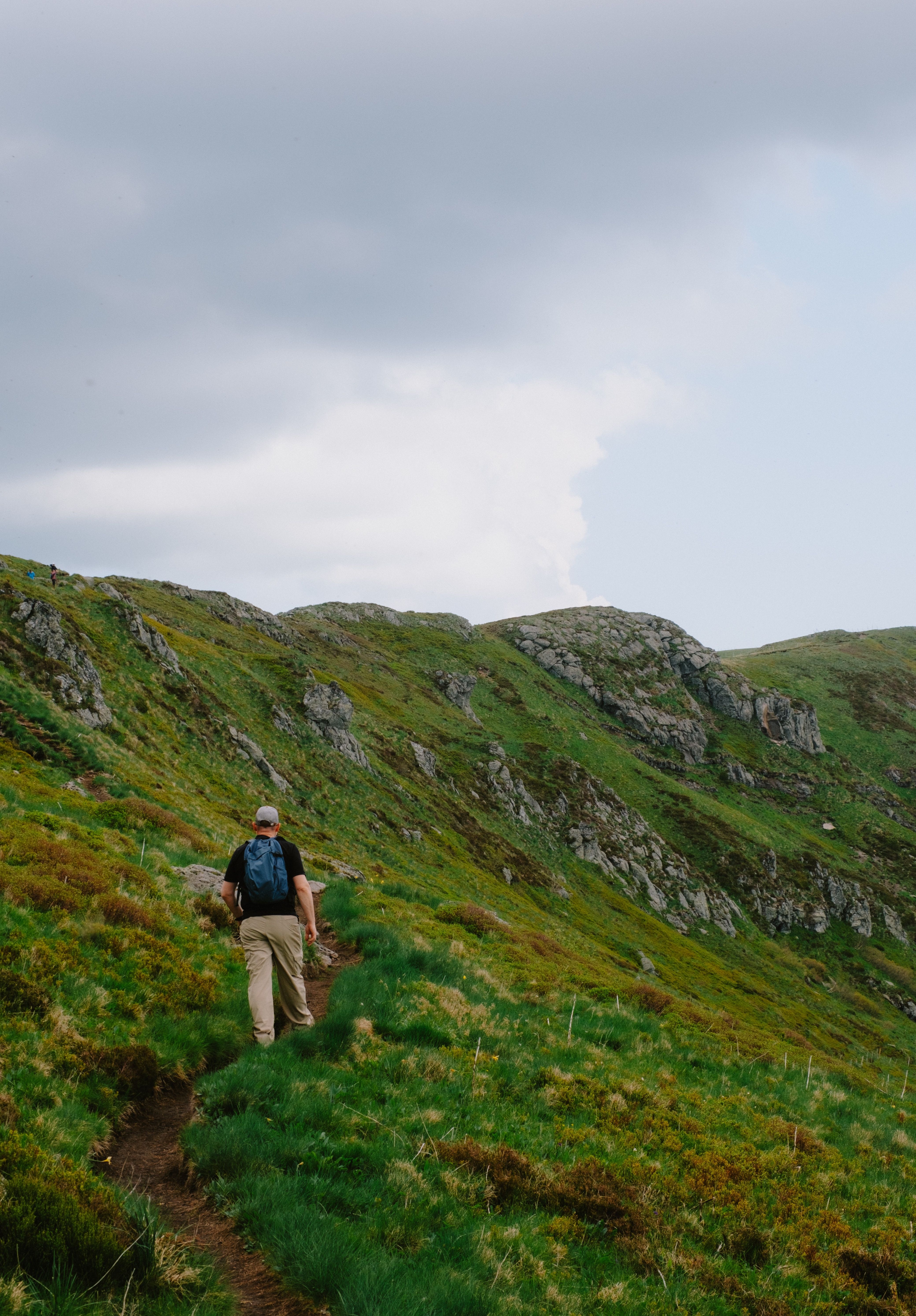 Person walking through a grassy mountaintop