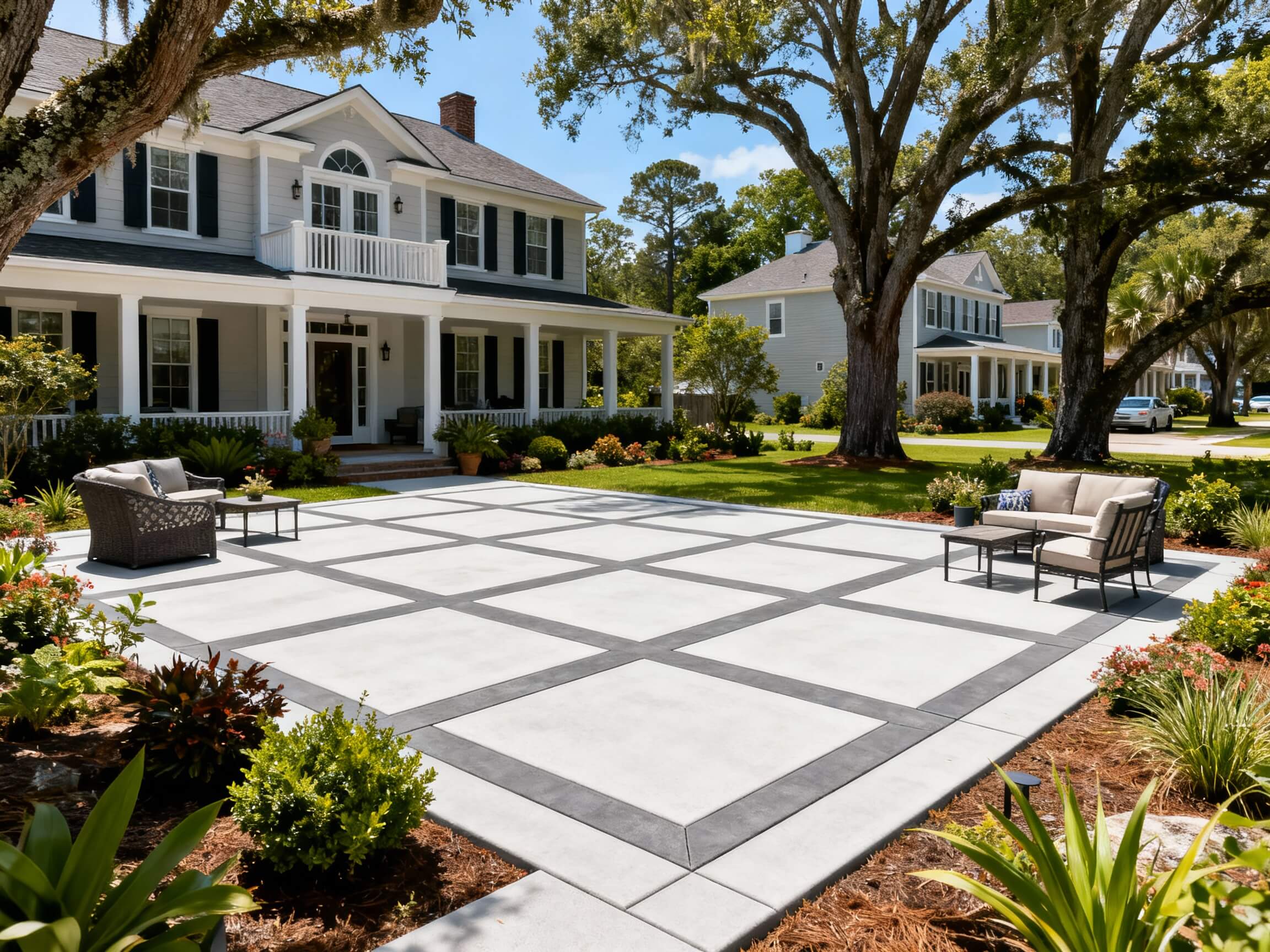 Modern concrete paver patio with grid design in a coastal residential setting