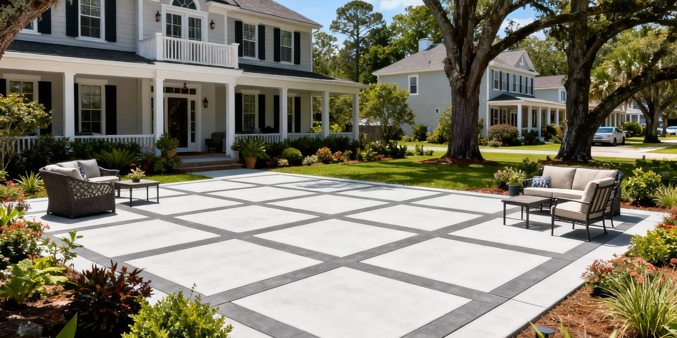 Modern concrete paver patio with grid design in a coastal residential setting