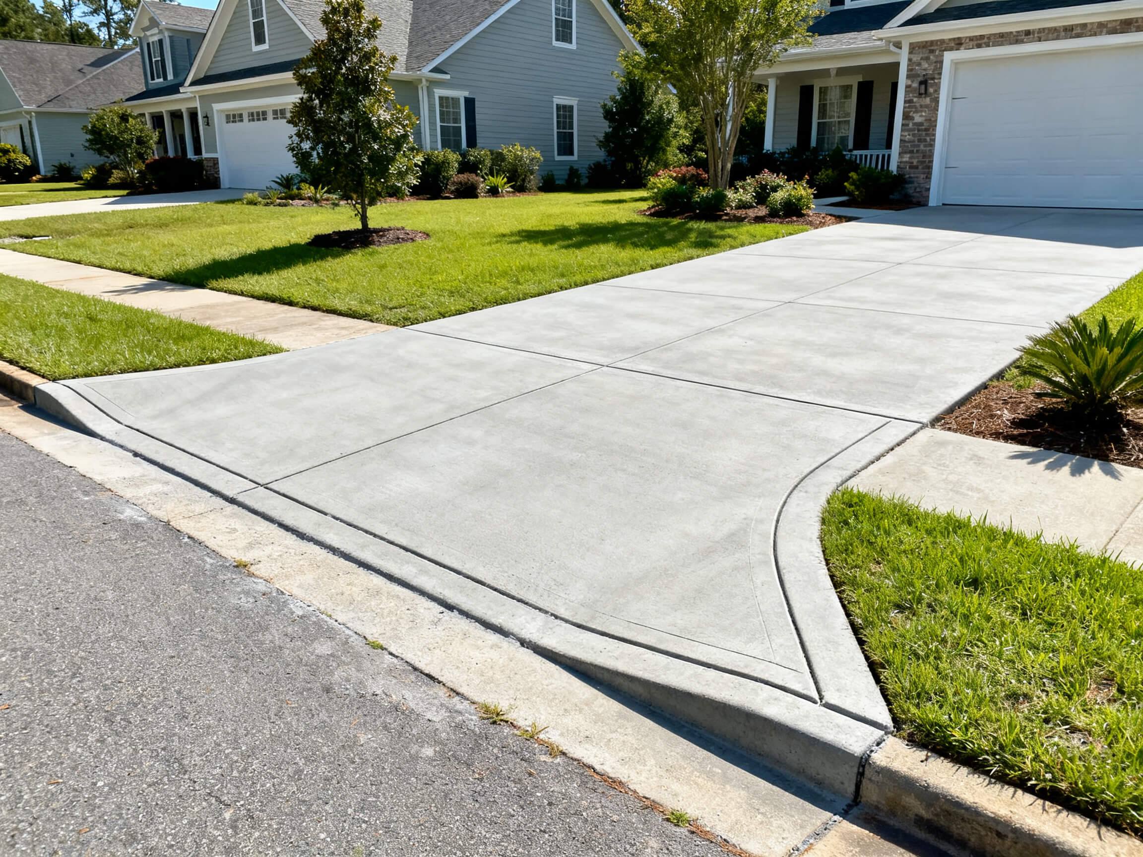 Concrete driveway apron connecting a curved residential driveway to the street, with a sidewalk and green lawn on either side.