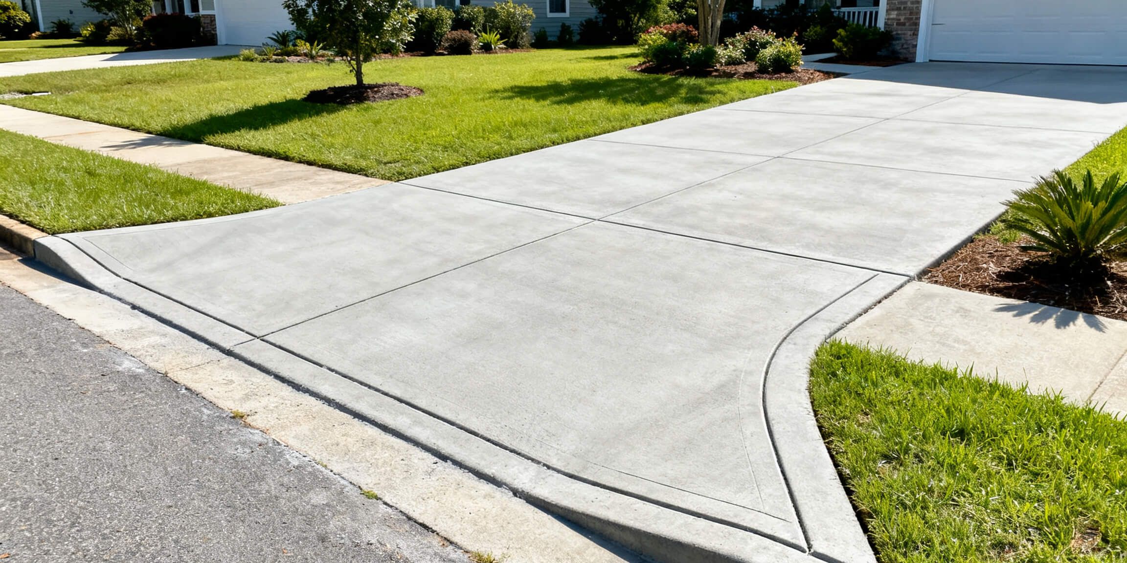Concrete driveway apron connecting a curved residential driveway to the street, with a sidewalk and green lawn on either side.