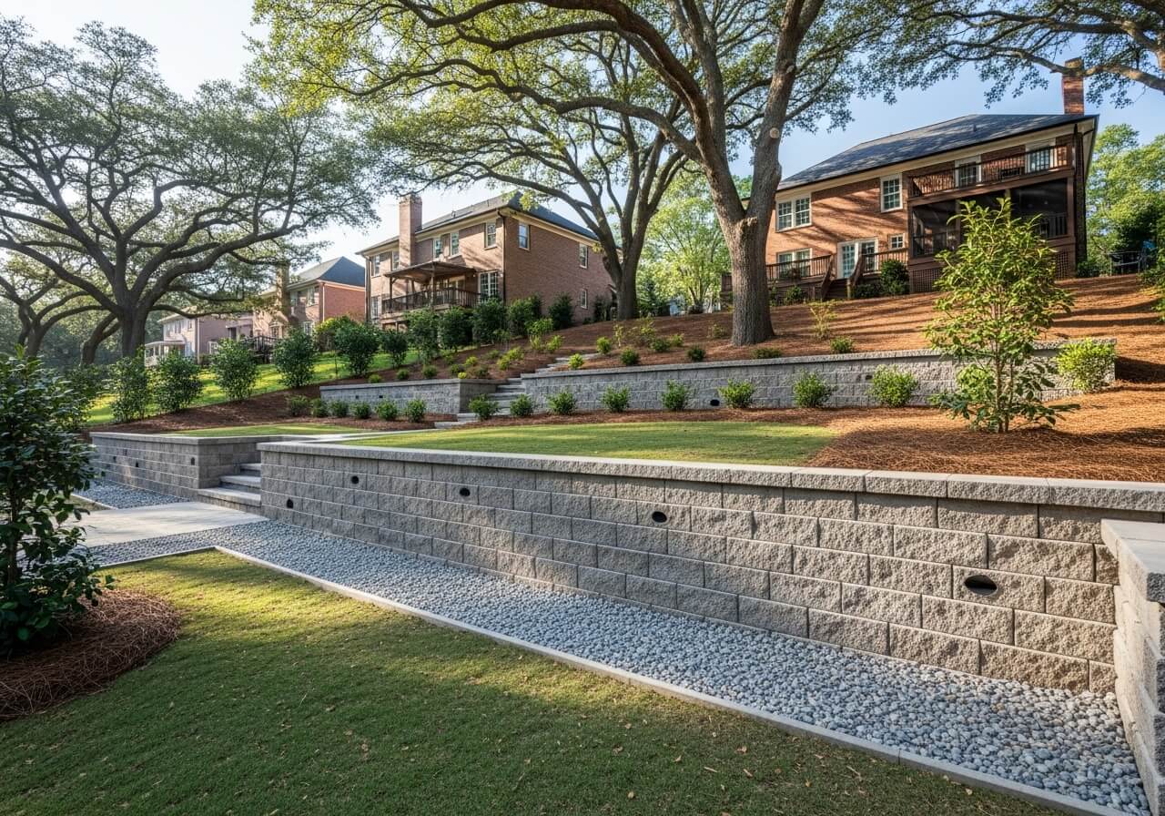 A brick wall surrounds a lush green hillside with a house in the background.