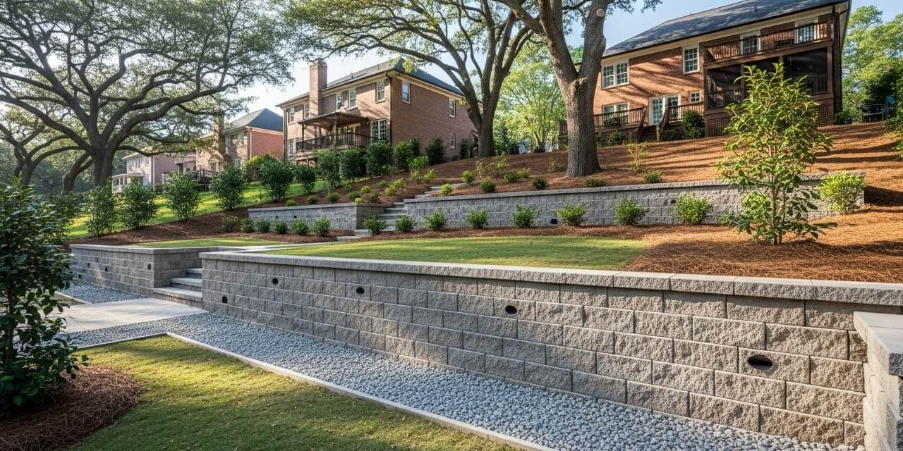 A brick wall surrounds a lush green hillside with a house in the background.