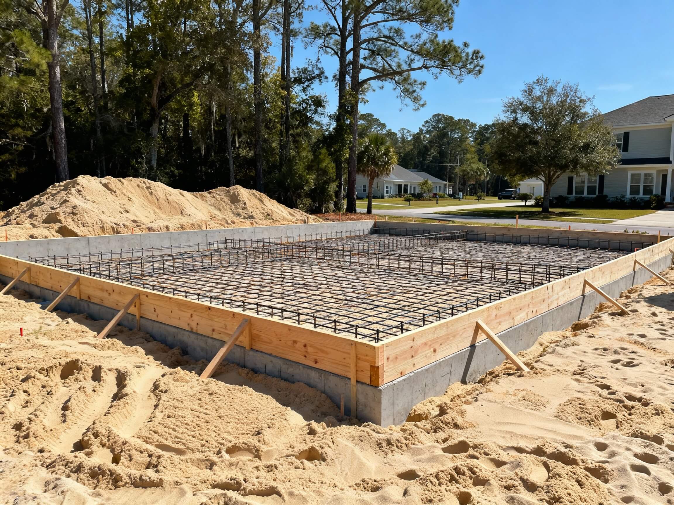 Residential concrete slab foundation prepared for pouring