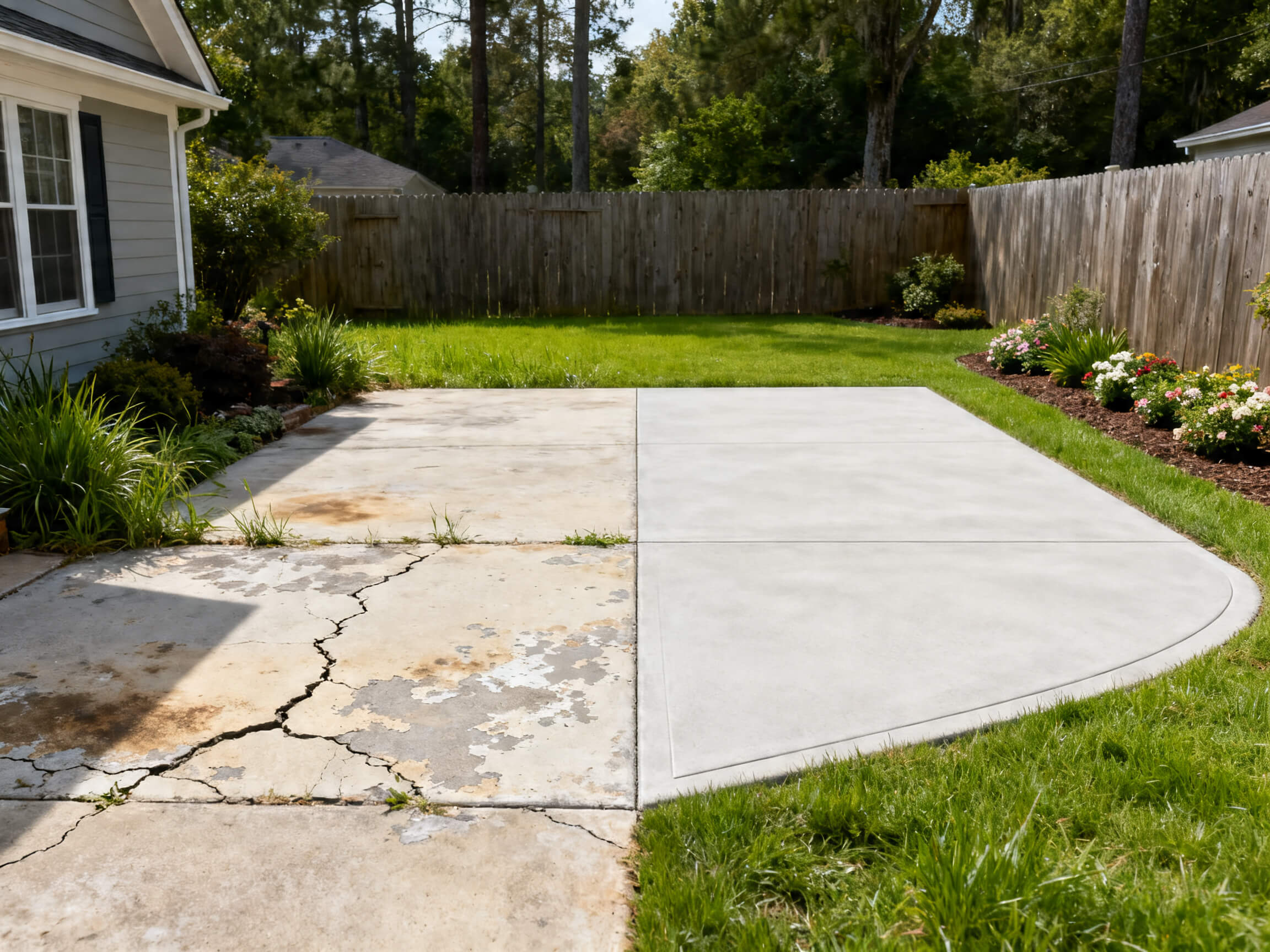 Before and after comparison of a concrete patio transformation in Eastern NC, showing a cracked, gray slab on the left and a smooth, clean, light-colored professional finish on the right.