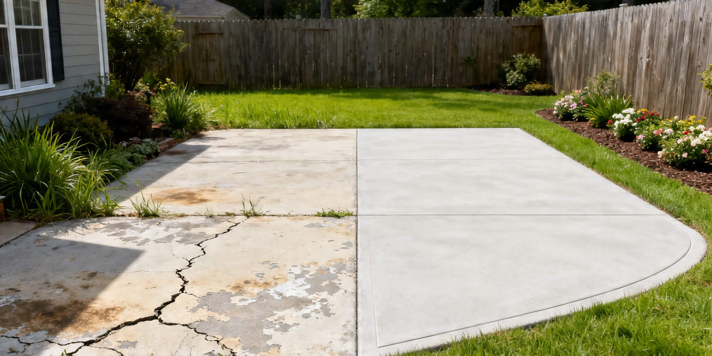 Before and after comparison of a concrete patio transformation in Eastern NC, showing a cracked, gray slab on the left and a smooth, clean, light-colored professional finish on the right.